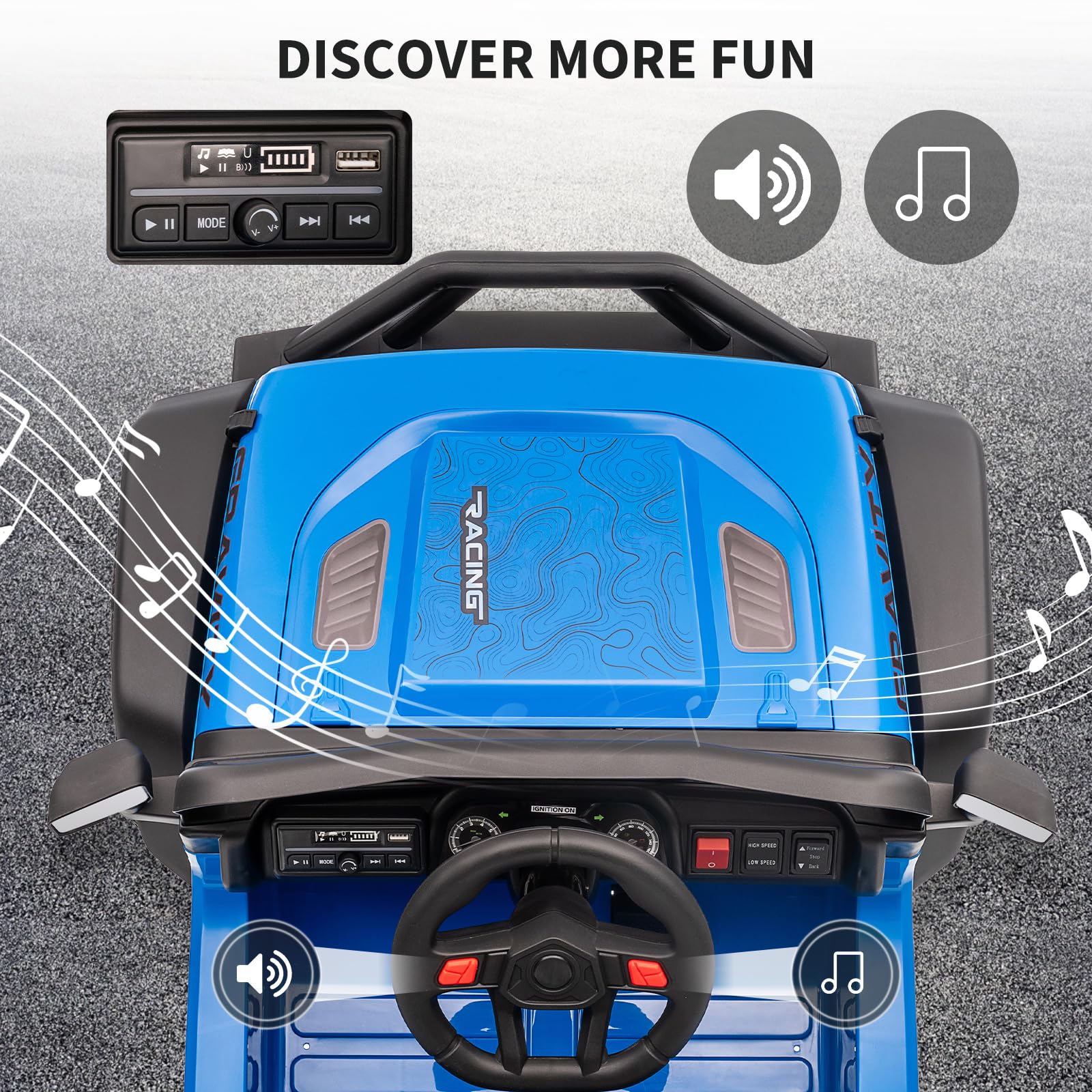 Garvee 12V Kids Ride On Truck Car with Parent Remote Control, 3 Speeds, Emergency Braking, LED Lights, Music & Horn, Blue, Outdoor Adventure Toy