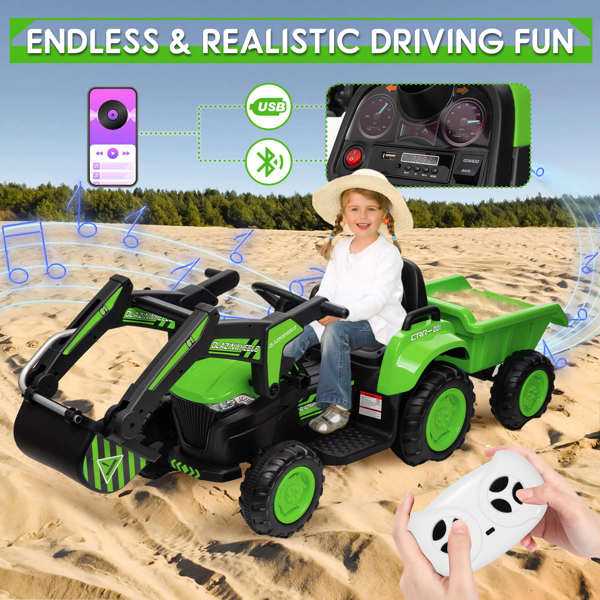 Garvee Ride - P Series: 12V 3 in 1 Ride on Excavator & Tractor with Detachable Trailer, Ride on Car Toy with Remote Control, Digger, LED Lights, Music, Kids Electric Vehicles for Boys Girls, Green