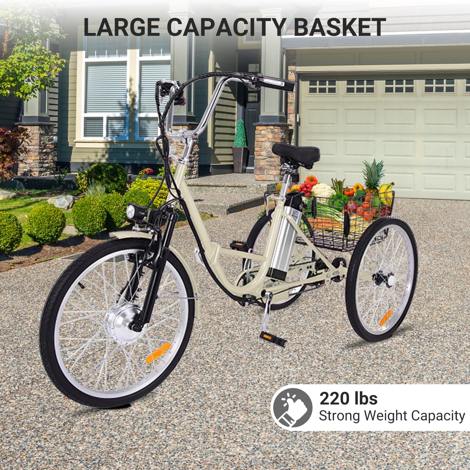 Garvee 24 Inch Adult 3 Wheel Electric Tricycle with Basket, Fat Tires,7 Speeds,350W Powerful Motor, 36V 10Ah Removable Battery - Beige