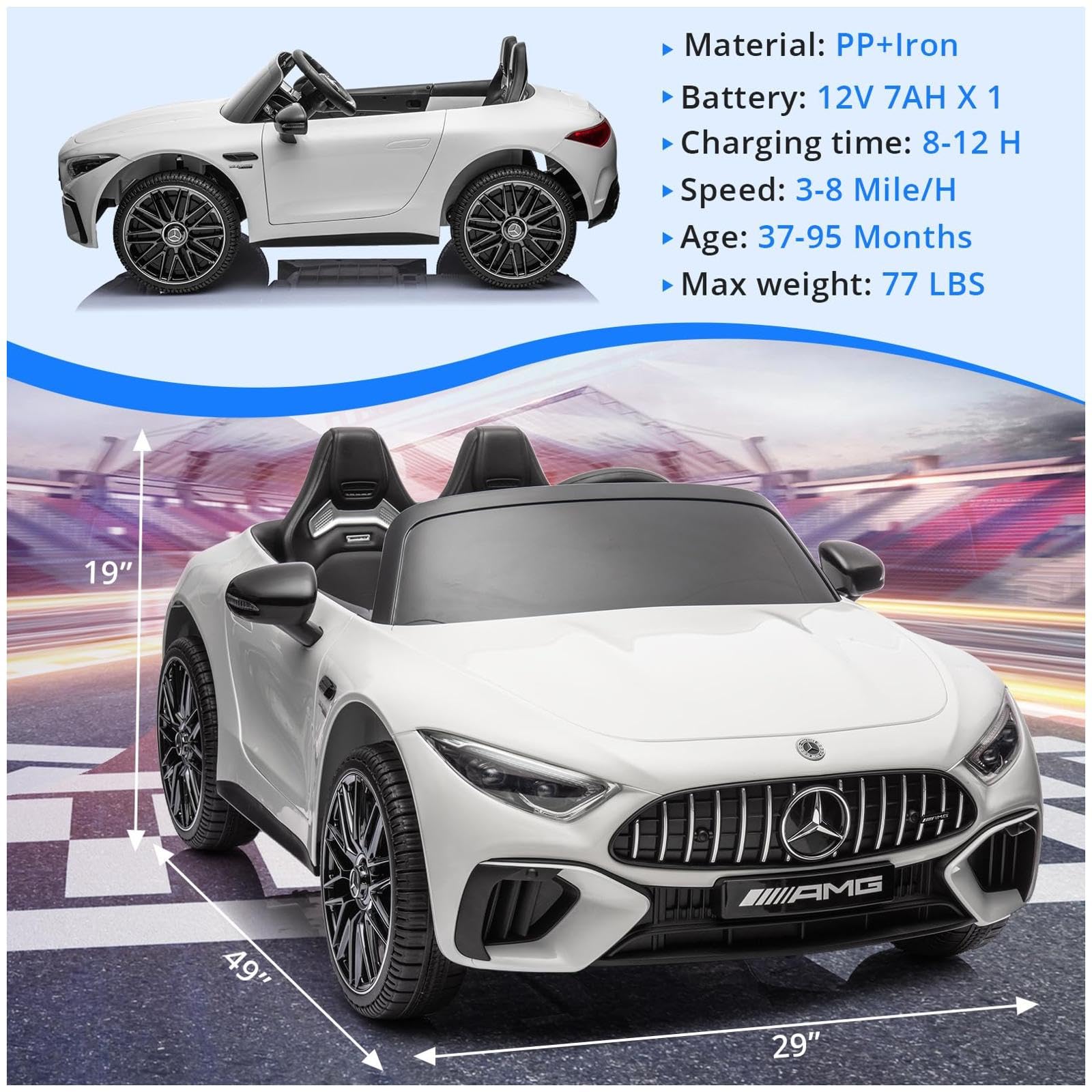 Garvee 12V Mercedes-Benz SL63 Ride-On Car: Remote Control, 2x35W Motors, 3-8 MPH, LED Lights, MP3, USB, Bluetooth, for Ages 3-7 - White