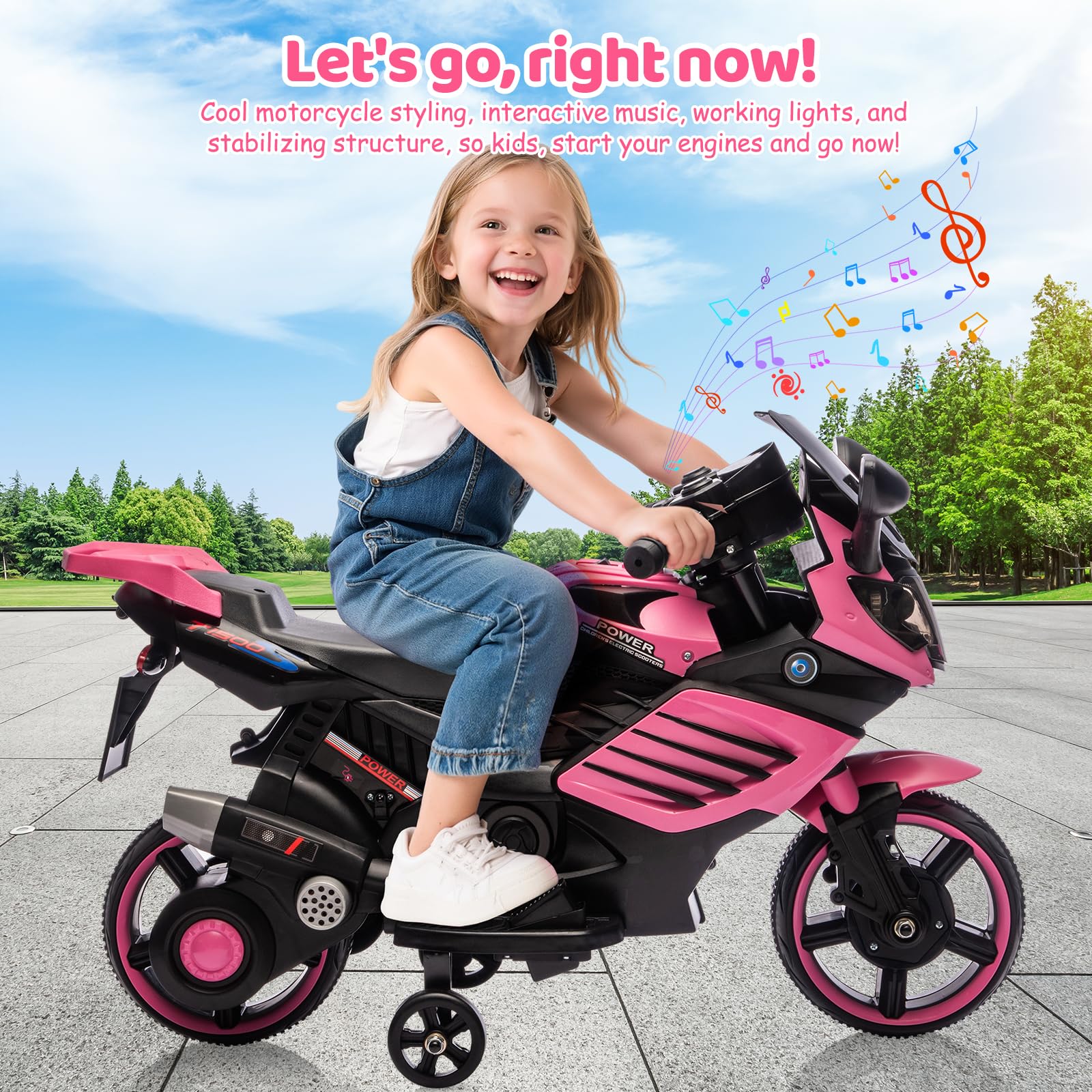 Garvee Kids 6V Ride On Motorcycle Pink With Training Wheels For Toddlers 3-6 Years, Stable Electric Toy Bike