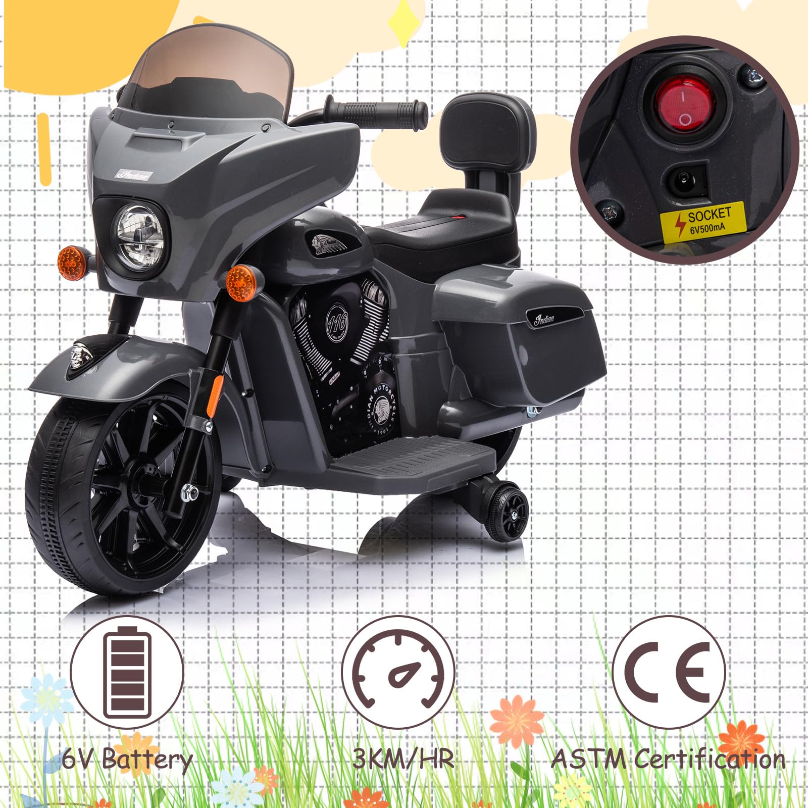Garvee Ride - B Series: 6V Ride-On Motorcycle for Kids, Electric Dirt Bike with USB, Music, Headlight - Grey
