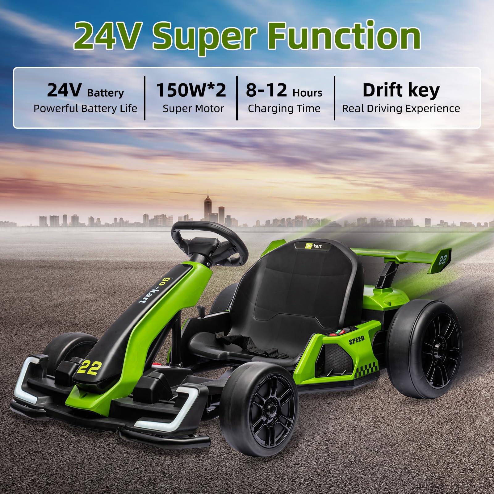 Garvee Ride - G Series: 24V Electric Go Kart, with 300W Strong Motor, Drift/Sport Mode, Big Battery, Eva Tire,Length Adjustment for Outdoor Racing Toy-Green
