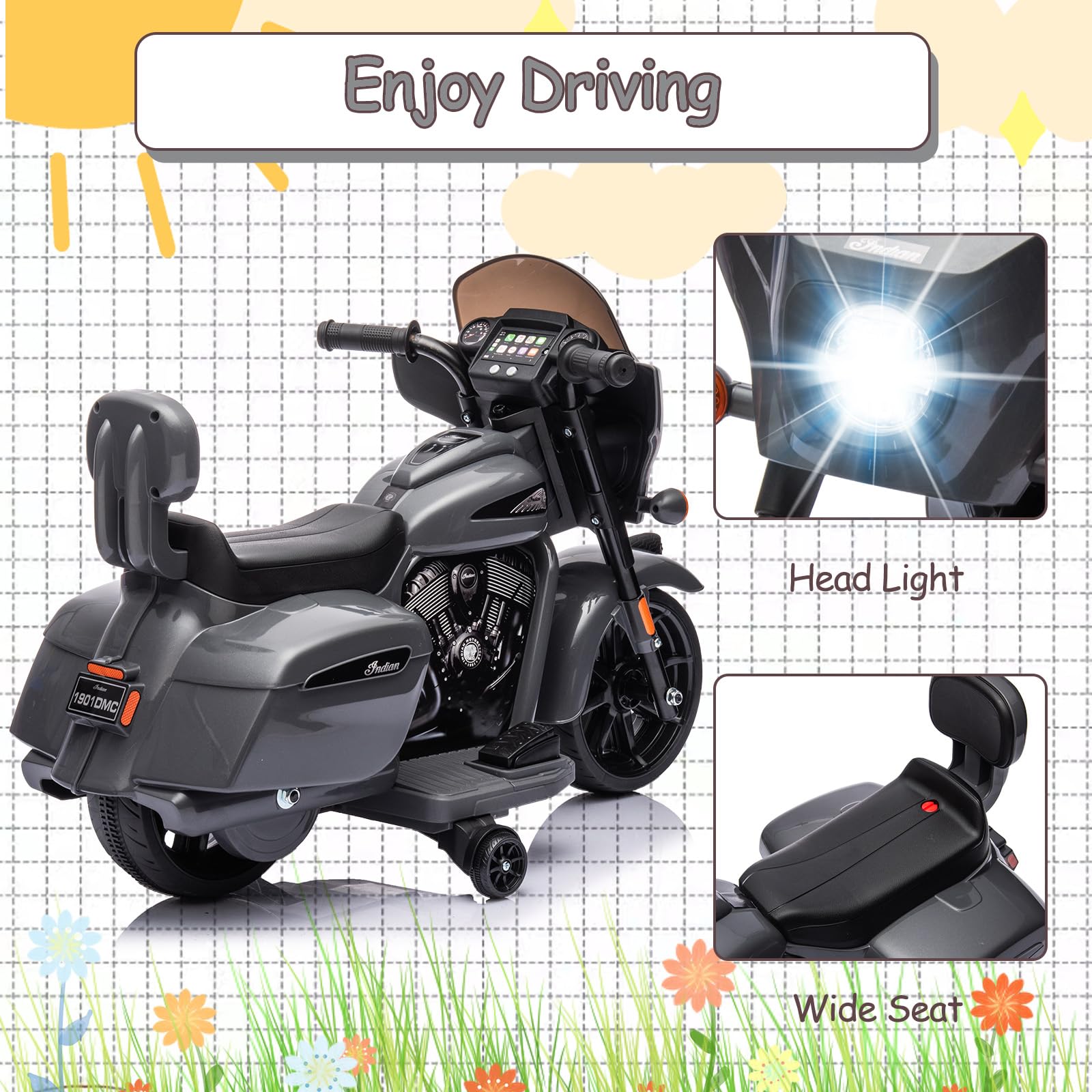 Garvee Ride - B Series: 6V Ride-On Motorcycle for Kids, Electric Dirt Bike with USB, Music, Headlight - Grey