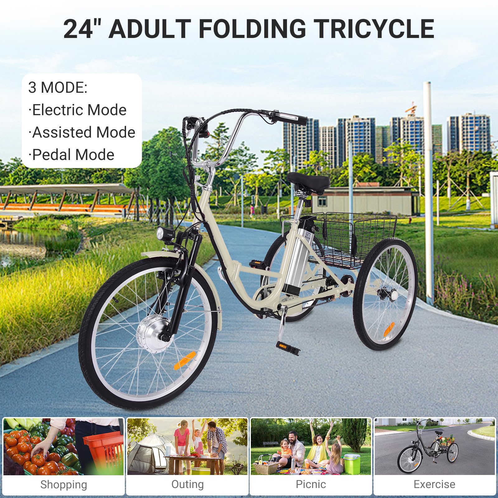 Garvee 24 Inch Adult 3 Wheel Electric Tricycle with Basket, Fat Tires,7 Speeds,350W Powerful Motor, 36V 10Ah Removable Battery - Beige