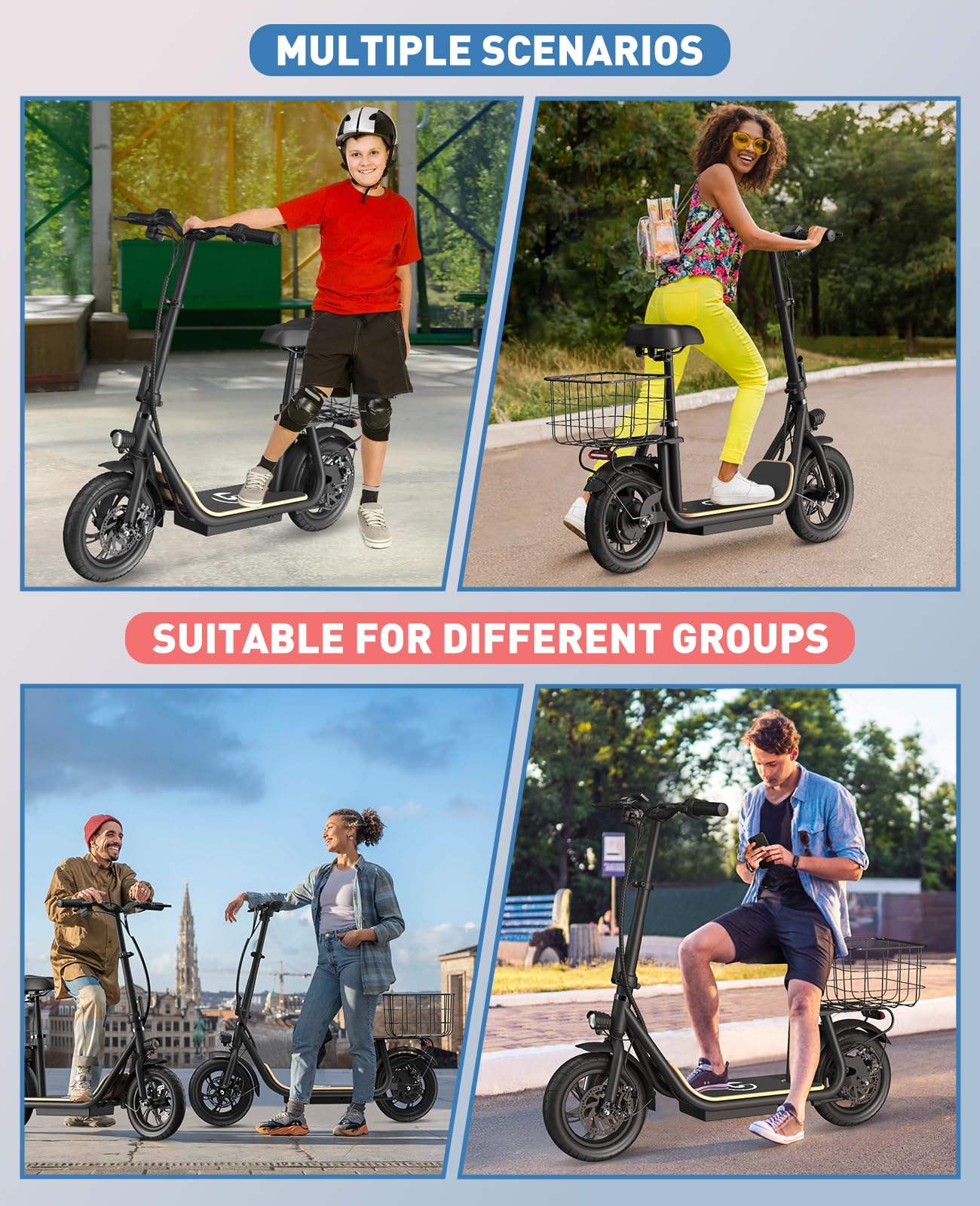 Garvee Electric Scooter with Seat, 36V Battery, 12" Tire, 450W Electric Scooter with Seat, Shock Absorbing Seat, Foldable Electric Scooters for Adults, Electric Scooter for Commuting with Basket