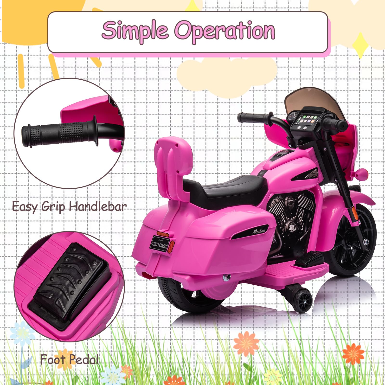 Garvee Ride - B Series: 6V Ride-On Motorcycle for Kids, Electric Dirt Bike with USB, Music, Headlight - Pink