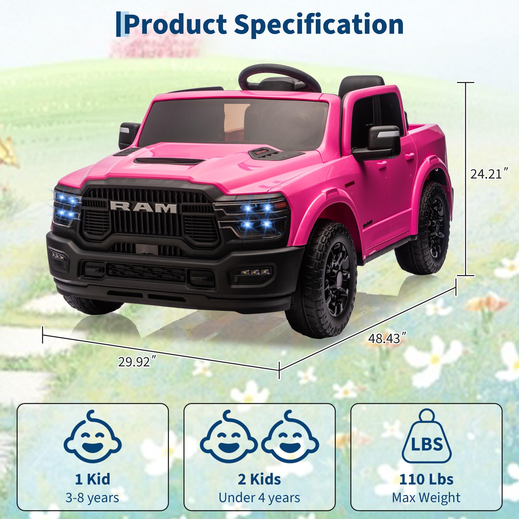 Garvee 24V Ride On Toys Licensed RAM 2500, 2 Seater Kids Ride On Truck Car, Pink, Spacious Truck Bed, LED Lights, Bluetooth, Suspension, 3 Speed