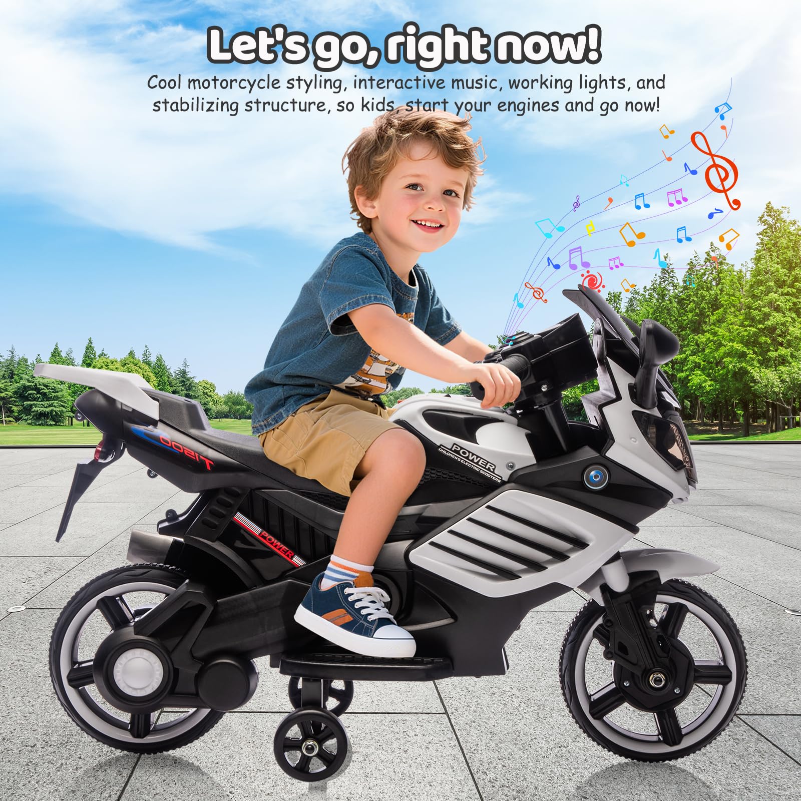 Garvee Kids 6V Ride On Motorcycle With Training Wheels For Toddlers, 30.31" L x 14.96" W x 19.69" H, White