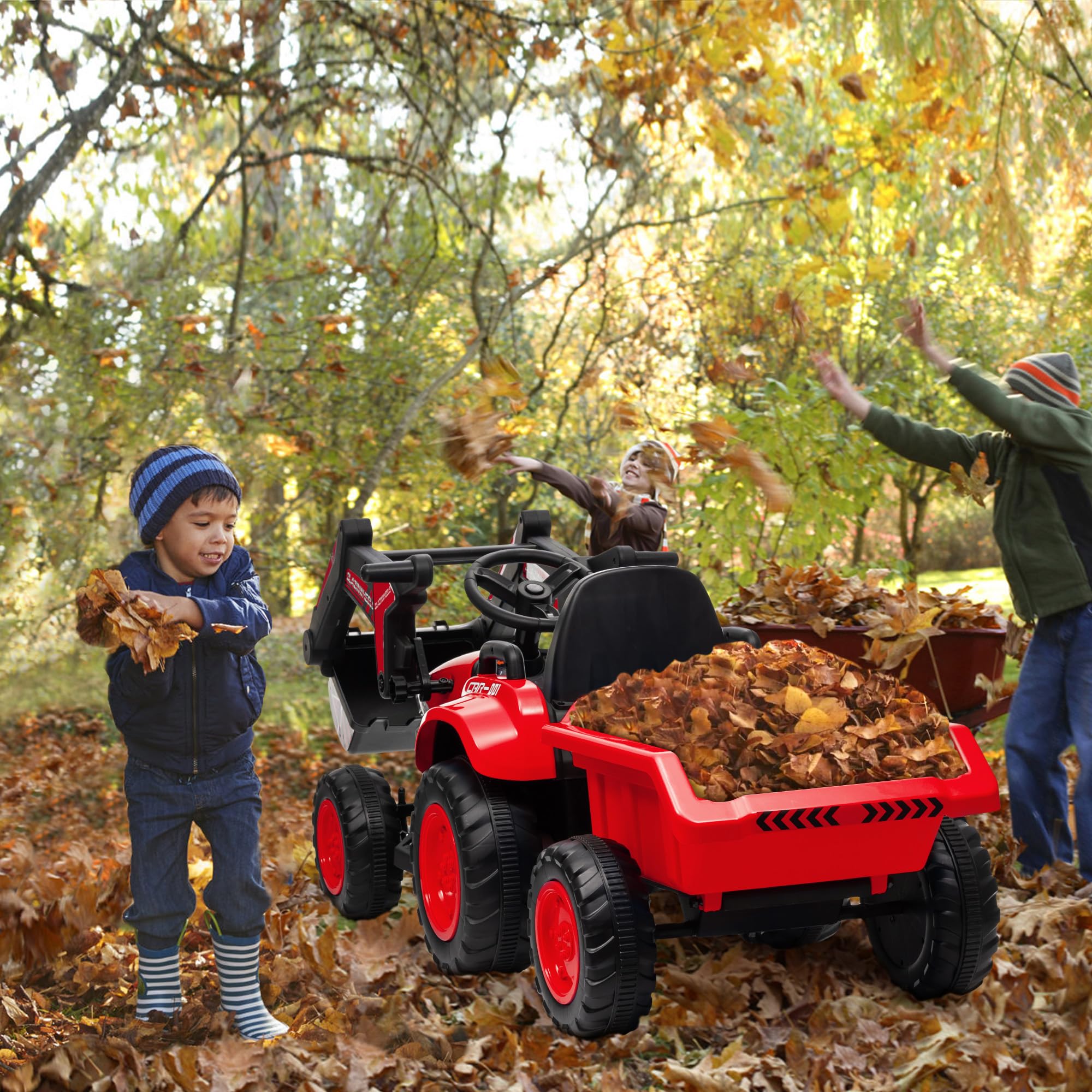 Garvee Ride - P Series: 12V 3 in 1 Ride on Excavator & Tractor with Detachable Trailer, Ride on Car Toy with Remote Control, Digger, LED Lights, Music, Kids Electric Vehicles for Boys Girls, Red