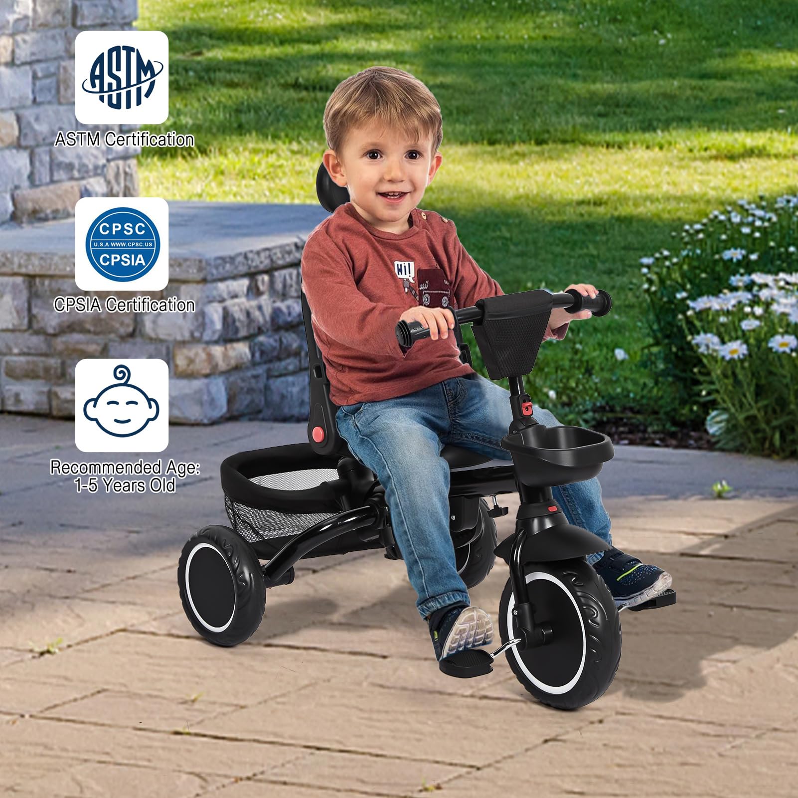 Garvee Baby Tricycle, 7 in 1 Folding Toddler Bike w/Removable Adjustable Push Handle, Canopy, Rotatable Seat, Safety Harness, Cup Holder & Storage, Trike for 1-5 Year Old, Tricycle for Toddlers