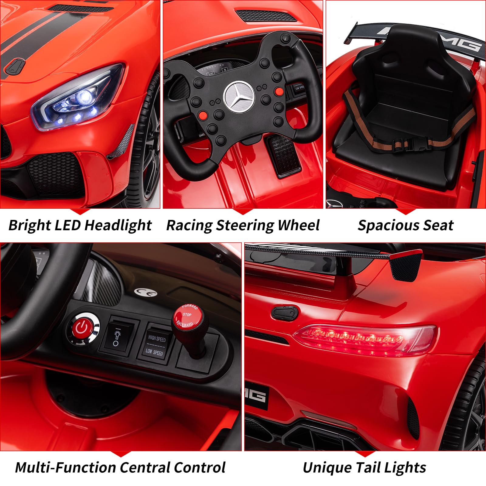 Garvee 12V Licensed Benz AMG Ride-On Car: Remote Control, Sound System, LED Headlights, One-Button Assemble Wheels, for Ages 3-8 - Red