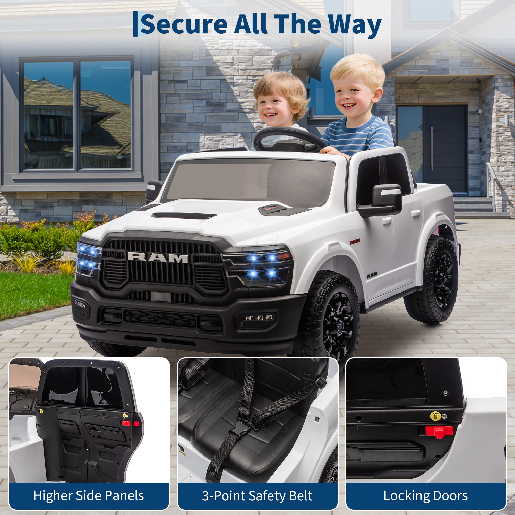Garvee 24V Ride On Toys Licensed RAM 2500 2 Seater Kids Electric Truck Car With Remote Control White
