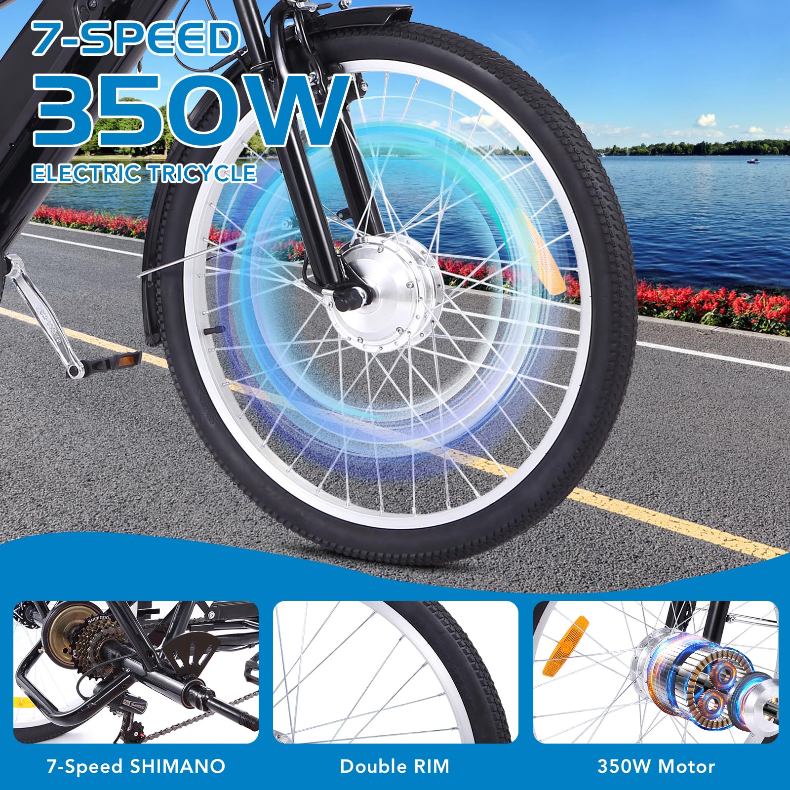 Garvee Adult 3-Wheel Electric Bike, 7-Speed Electric Trike with Basket - Black Orange / 26 inch Wheel