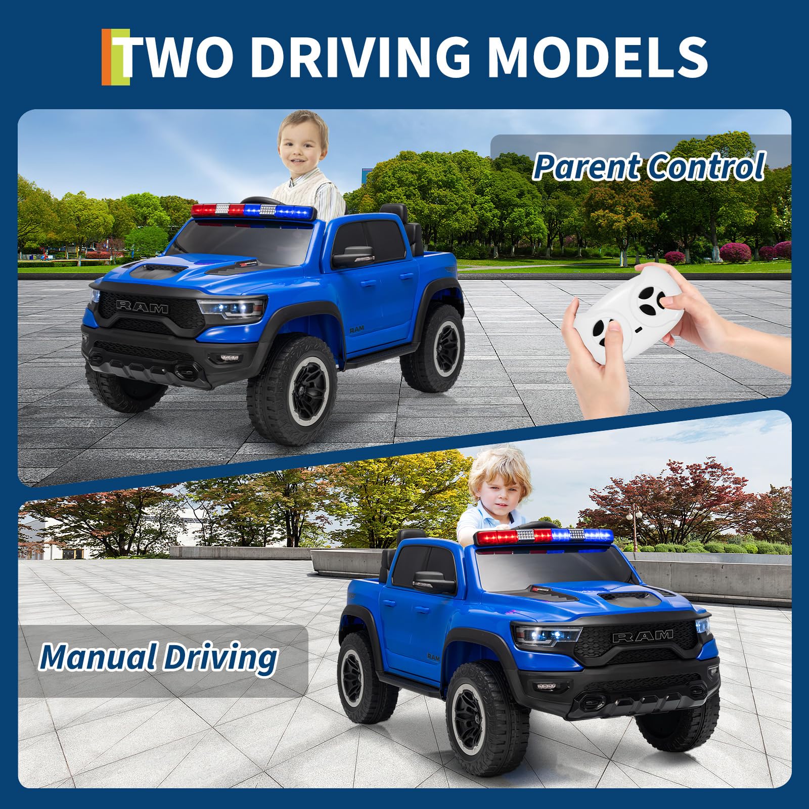 Garvee 12V Electric Ride On Truck for Kids Licensed RAM Pickup Truck Dual Motor Remote Control LED Lights Music Storage