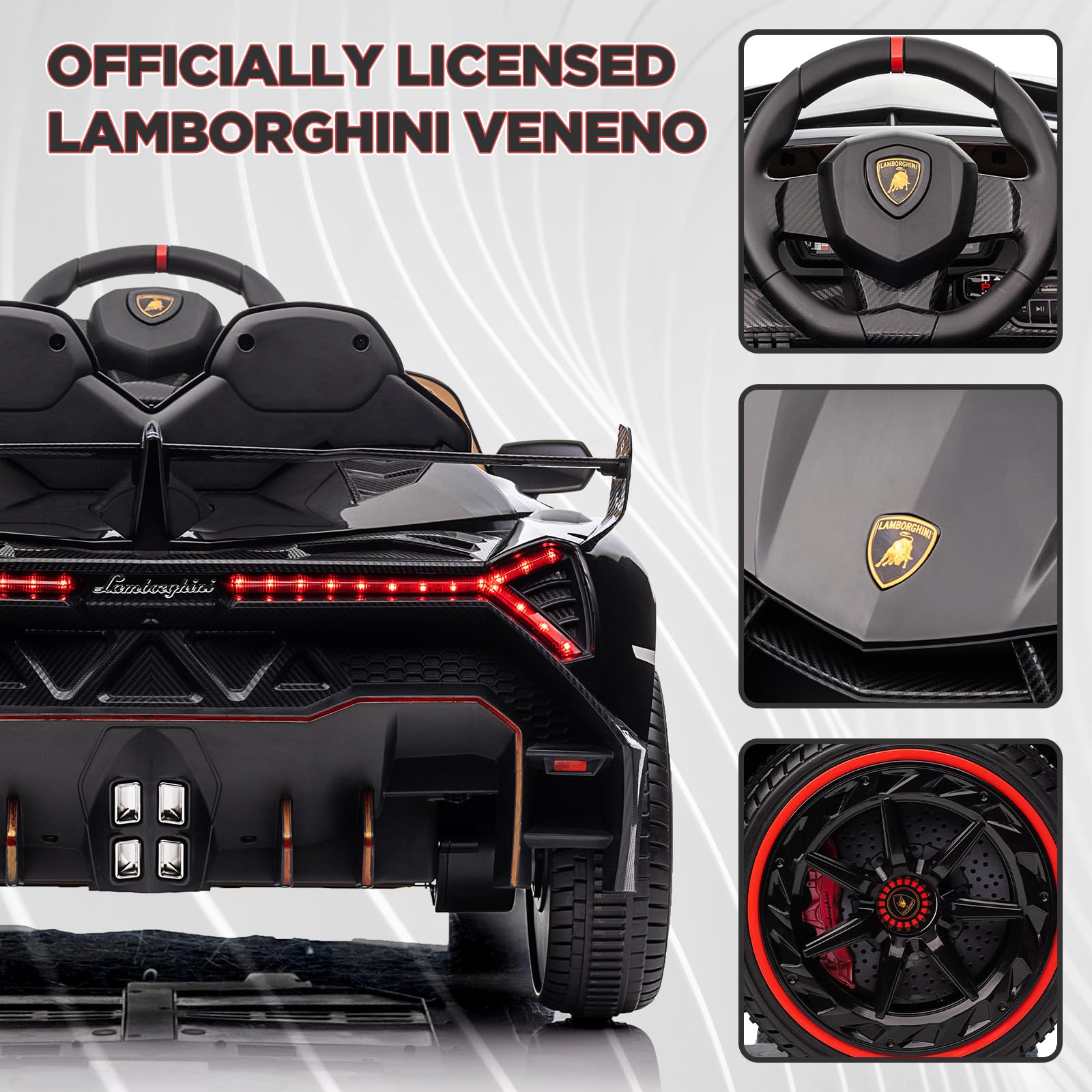 Garvee 12V Kids Ride On Car, Licensed Lamborghini Venono Electric Car w/Parent Remote Control, Scissor Door, 3 Speeds, LED Headlights, Rocking & Music, Battery Powered Ride on Toy for Boys Girls- Black