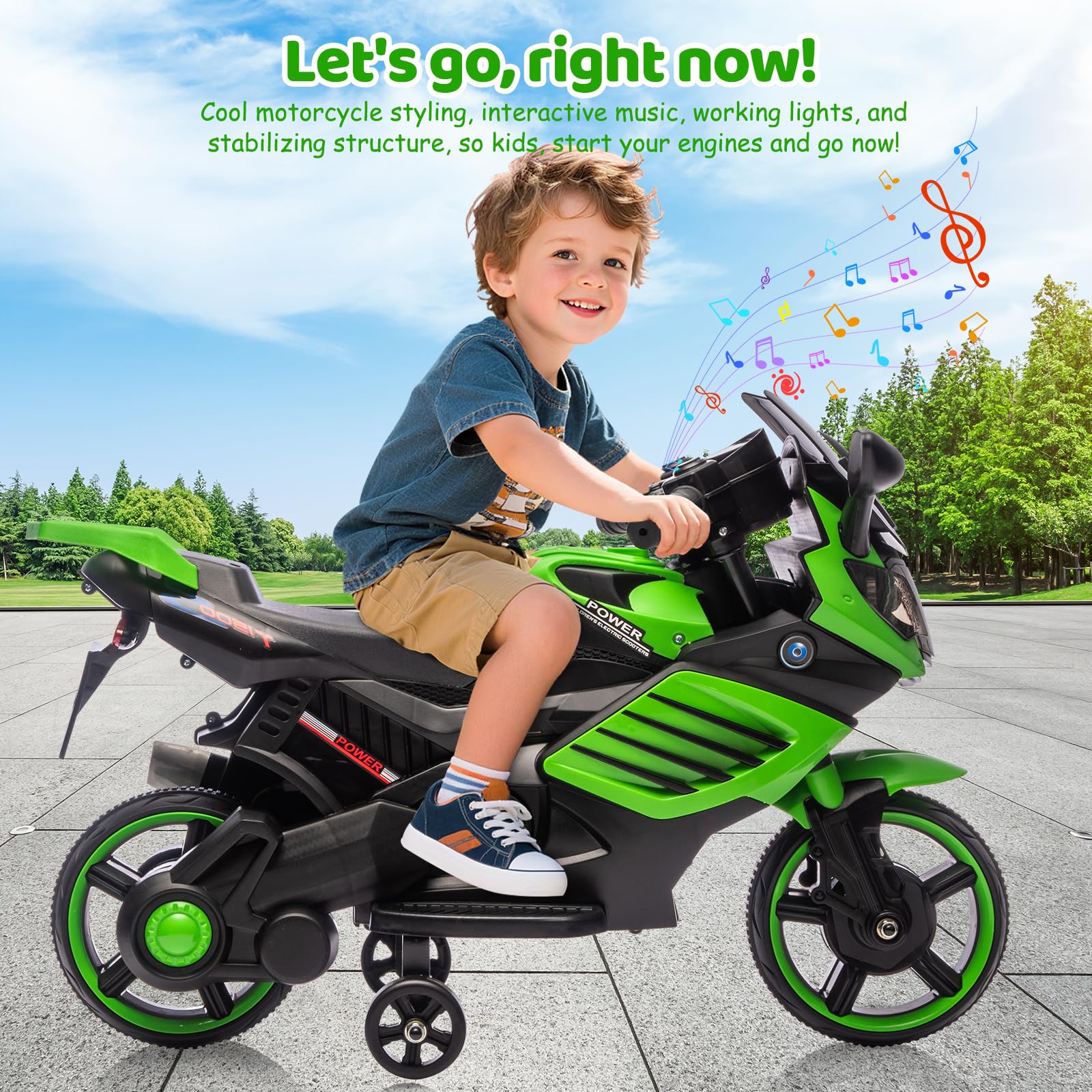 Garvee Kids 6V Ride On Motorcycle With Training Wheels, Battery Powered Toddler Motorcycle For Boys And Girls, Green, 30.31" L x 14.96" W x 19.69" H
