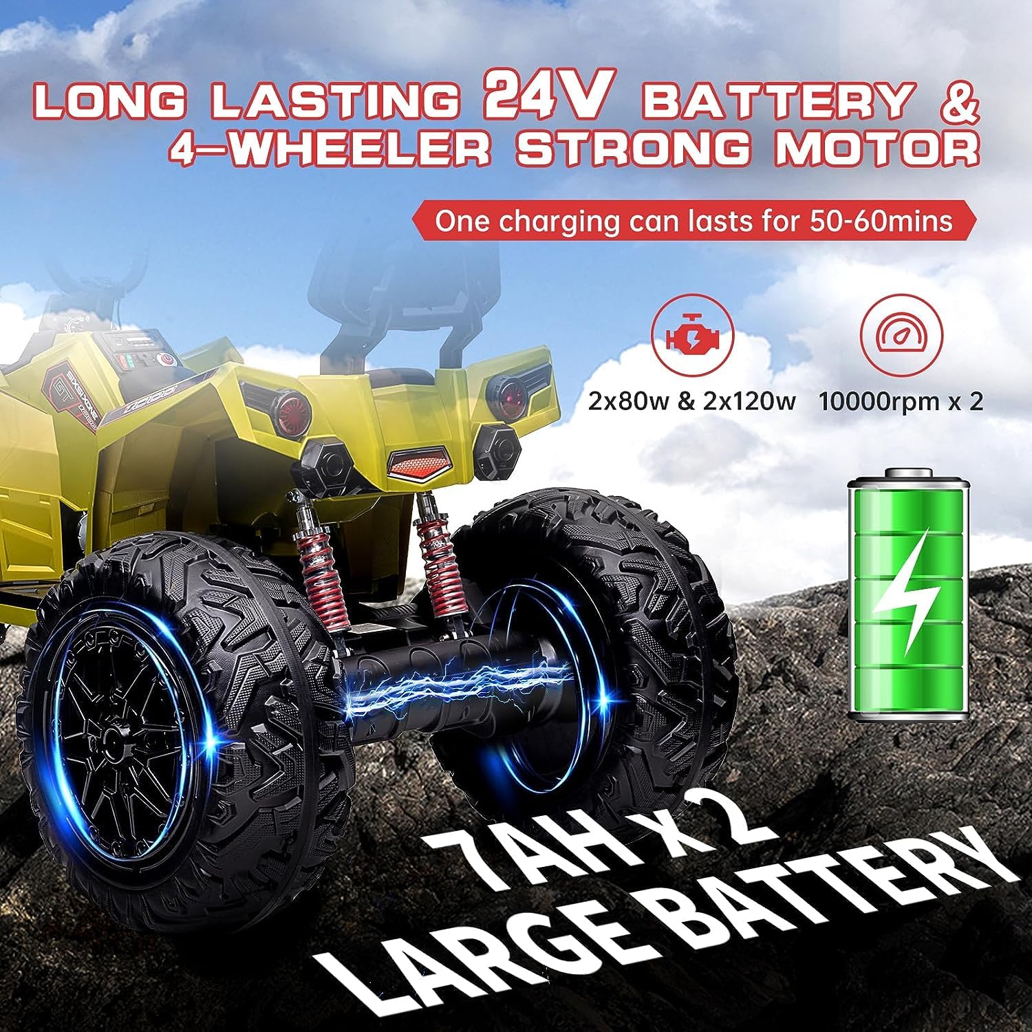 Garvee Kids ATV Car, Garvee 24V Ride on Toy 4WD Quad Electric Vehicle, 4x80W Powerful Engine, w/7AHx2 Large Battery, Accelerator Handle, Full Metal Suspensions, EVA Tires, LED Light, Bluetooth & Music, Green