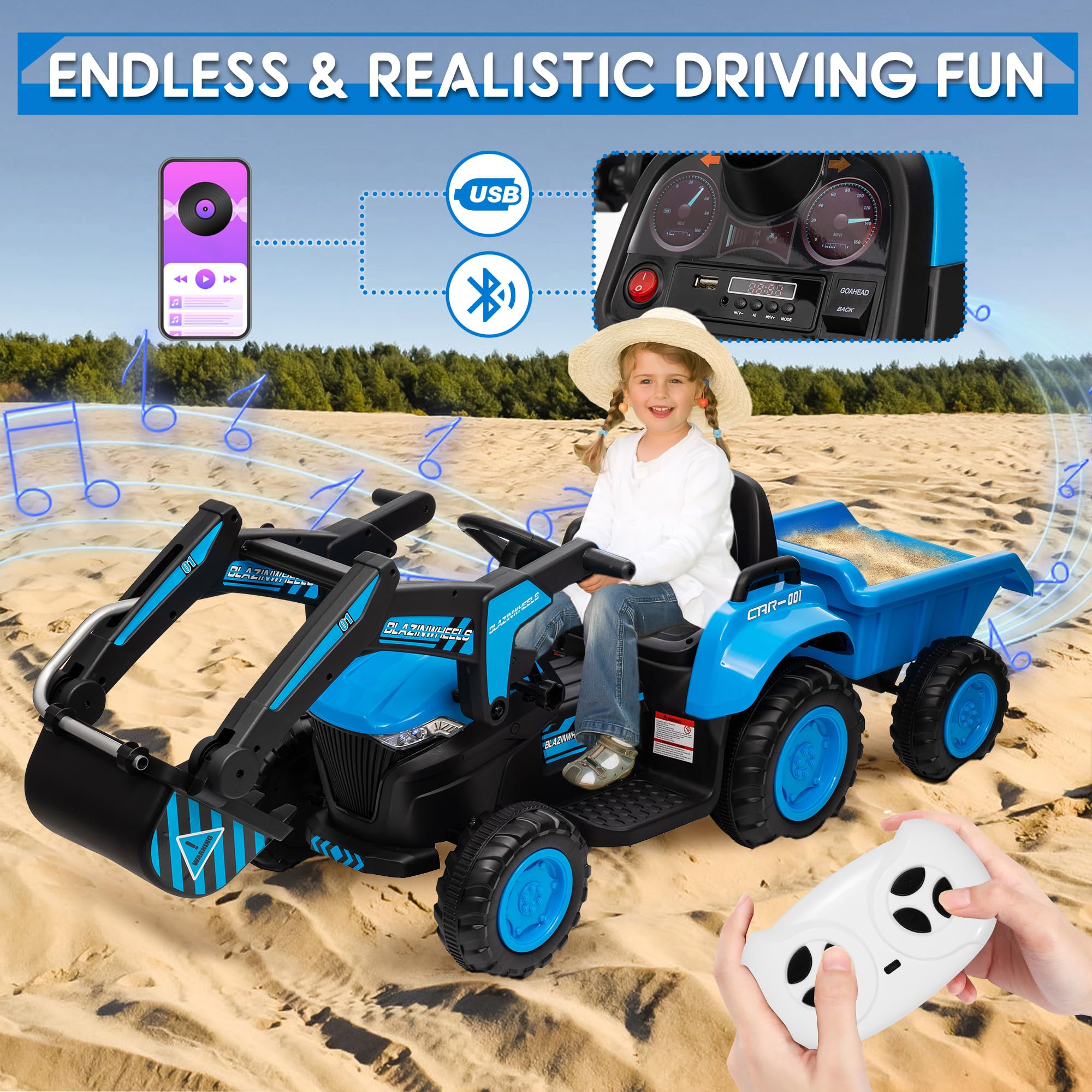 Garvee Ride - P Series: 12V 3 in 1 Ride on Excavator & Tractor with Detachable Trailer, Ride on Car Toy with Remote Control, Digger, LED Lights, Music, Kids Electric Vehicles for Boys Girls, Blue