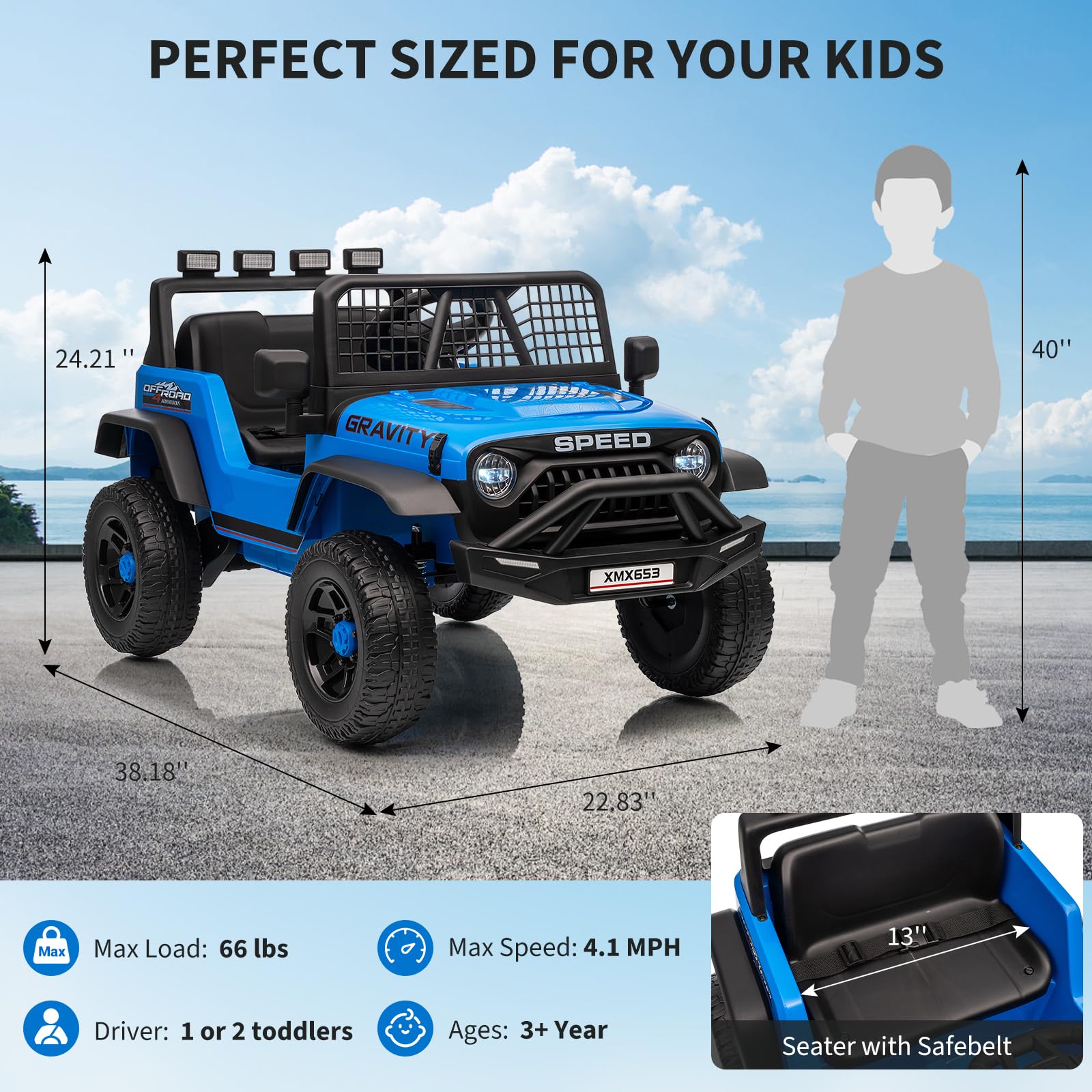 Garvee 12V Kids Ride On Truck Car with Parent Remote Control, 3 Speeds, Emergency Braking, LED Lights, Music & Horn, Blue, Outdoor Adventure Toy