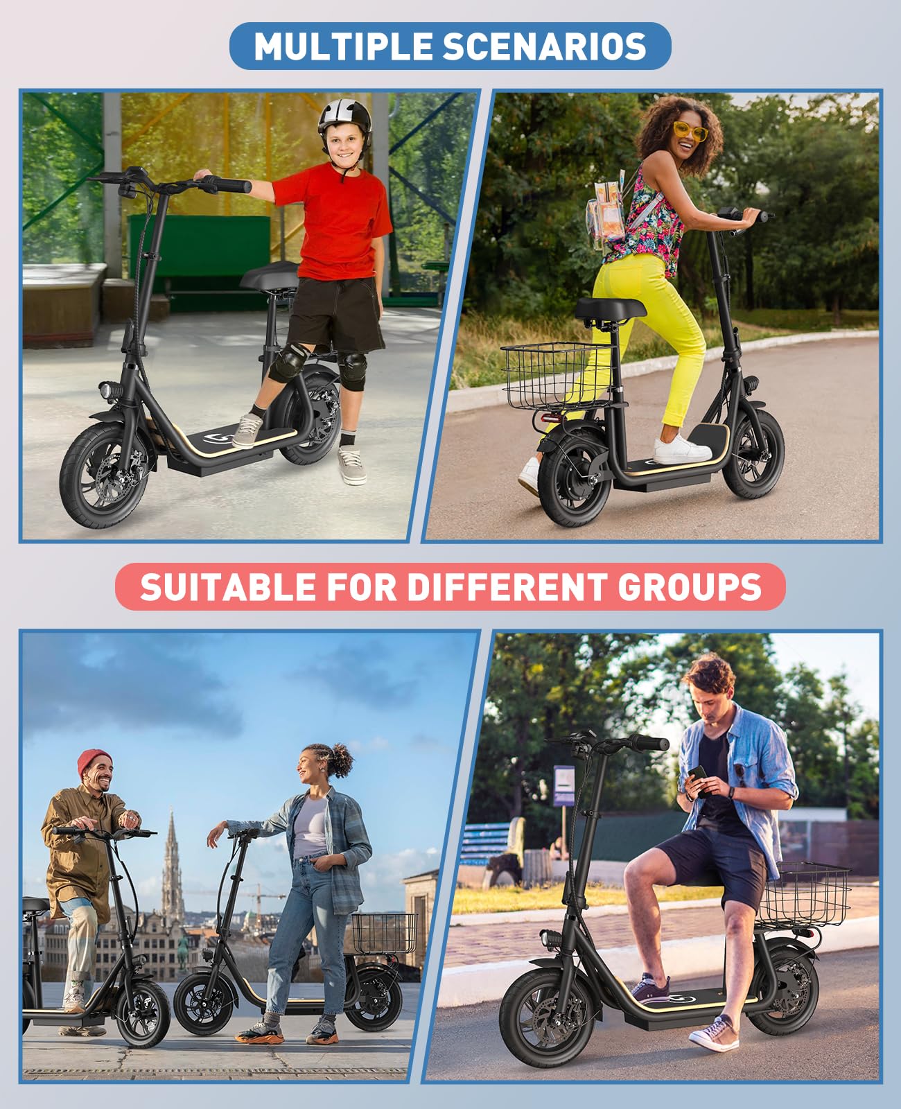 Garvee Electric Scooter for Adults, 12" Fat Tire Foldable Electric Bike with Seat and Basket, 500W Brushless Motor, Dual Brake System, 265lbs Max Load, 19 Mph 30 Miles Range, Smart LCD Display, Black