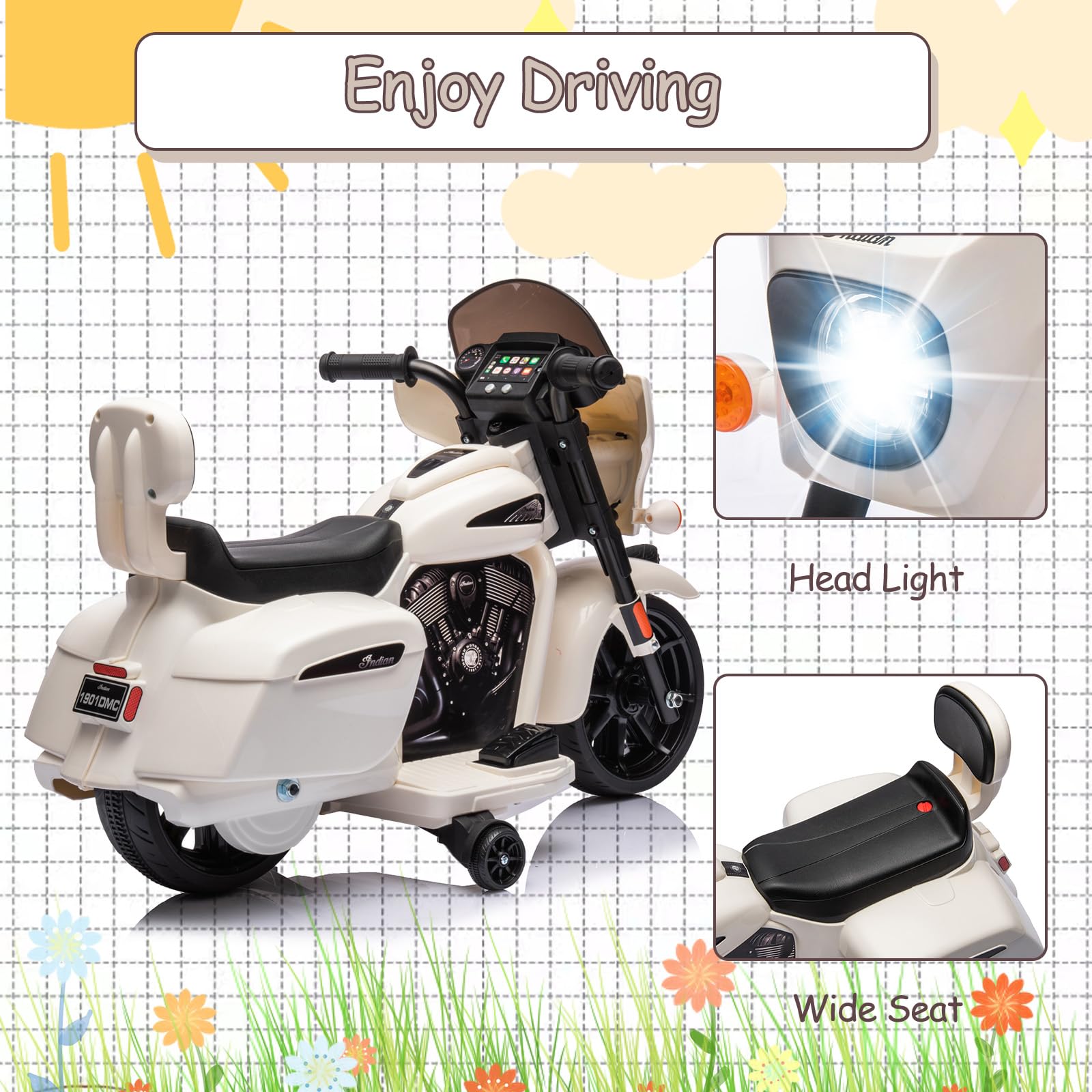 Garvee Ride - B Series: 6V Ride-On Motorcycle for Kids, Electric Dirt Bike with USB, Music, Headlight - White
