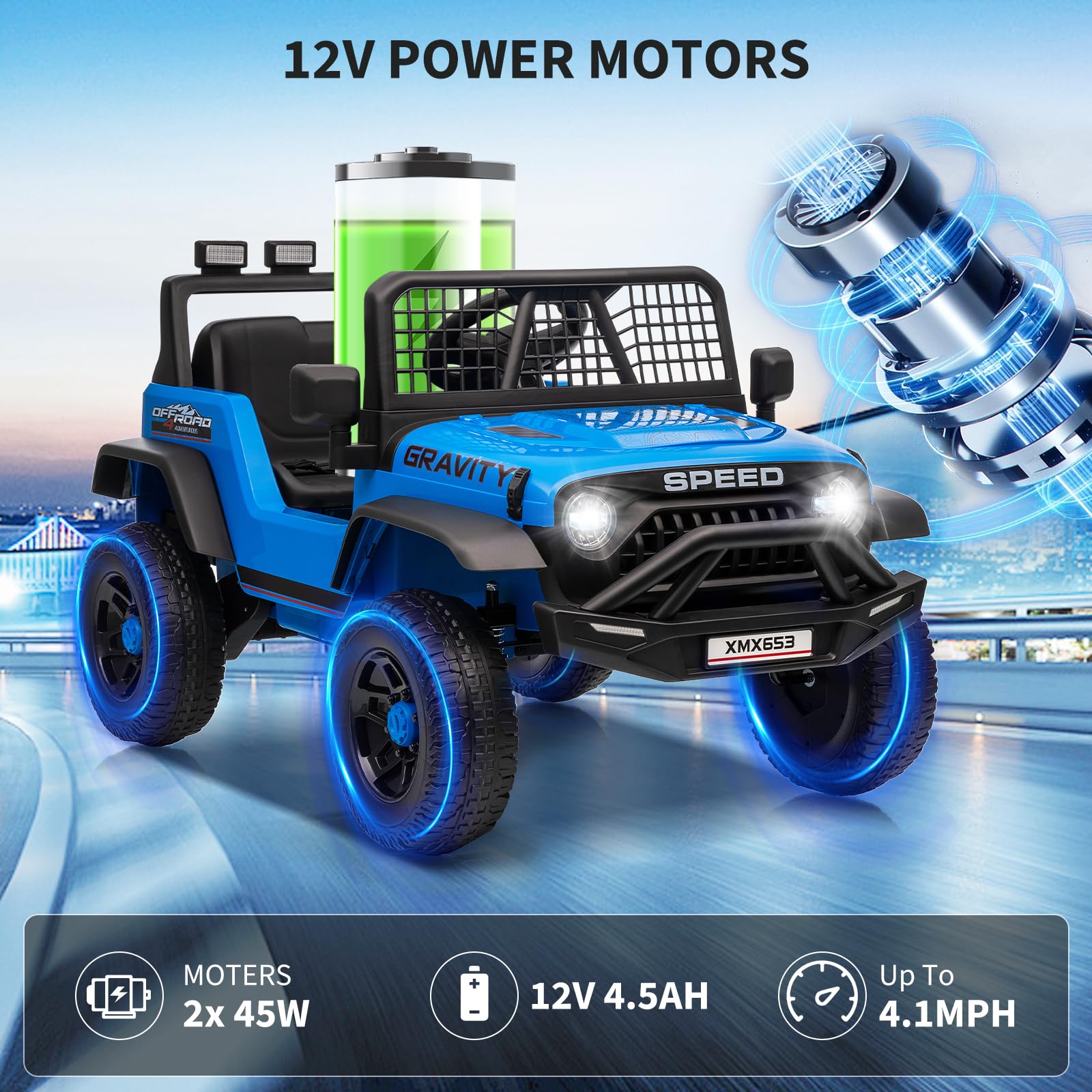 Garvee 12V Kids Ride On Truck Car with Parent Remote Control, 3 Speeds, Emergency Braking, LED Lights, Music & Horn, Blue, Outdoor Adventure Toy