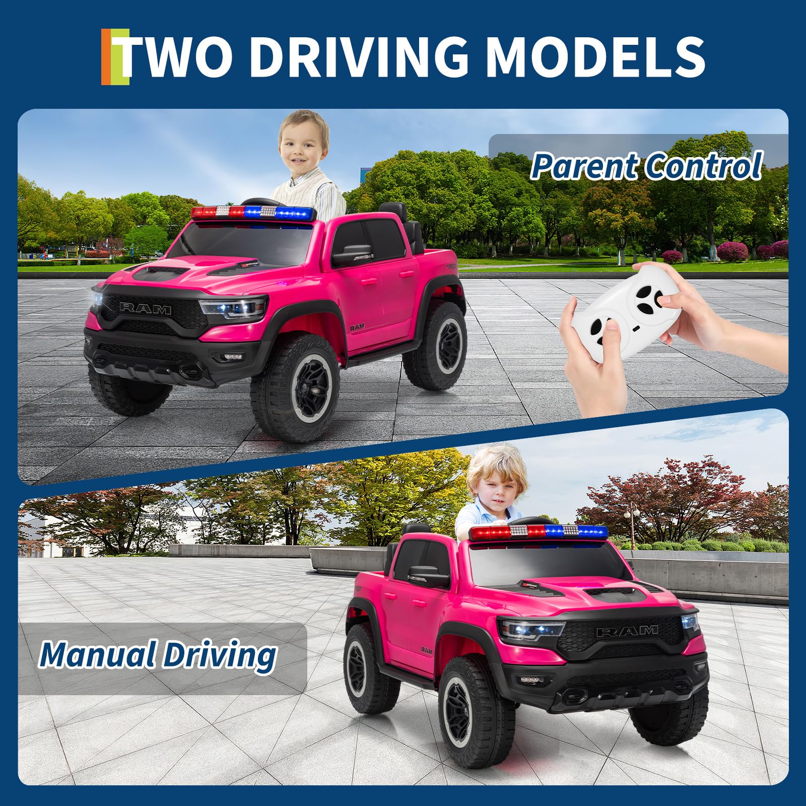 Garvee 12V Electric Ride On Truck for Kids Licensed RAM Pickup Truck Dual Motor Remote Control LED Lights Music Storage