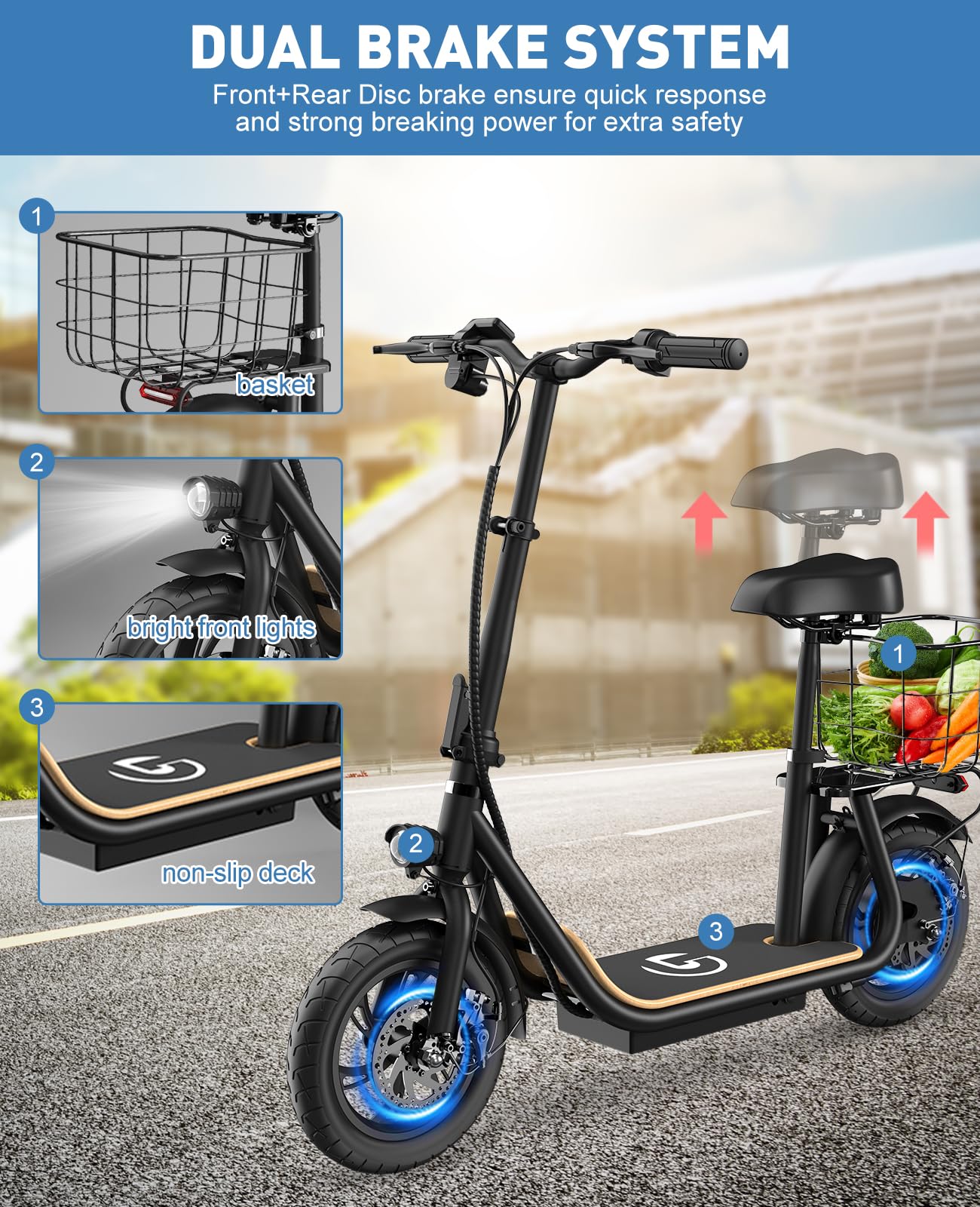 Garvee Electric Scooter for Adults, 12" Fat Tire Foldable Electric Bike with Seat and Basket, 500W Brushless Motor, Dual Brake System, 265lbs Max Load, 19 Mph 30 Miles Range, Smart LCD Display, Black