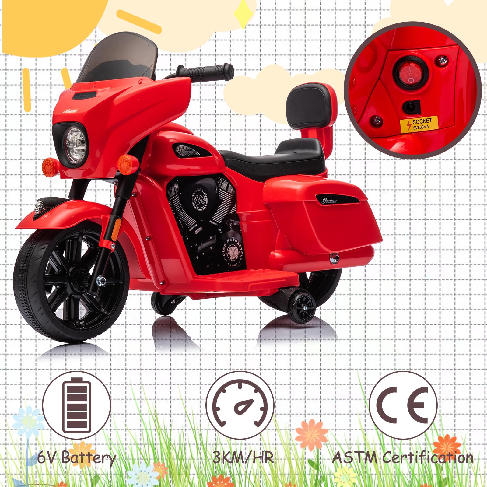 Garvee Ride - B Series: 6V Ride-On Motorcycle for Kids, Electric Dirt Bike with USB, Music, Headlight - Red