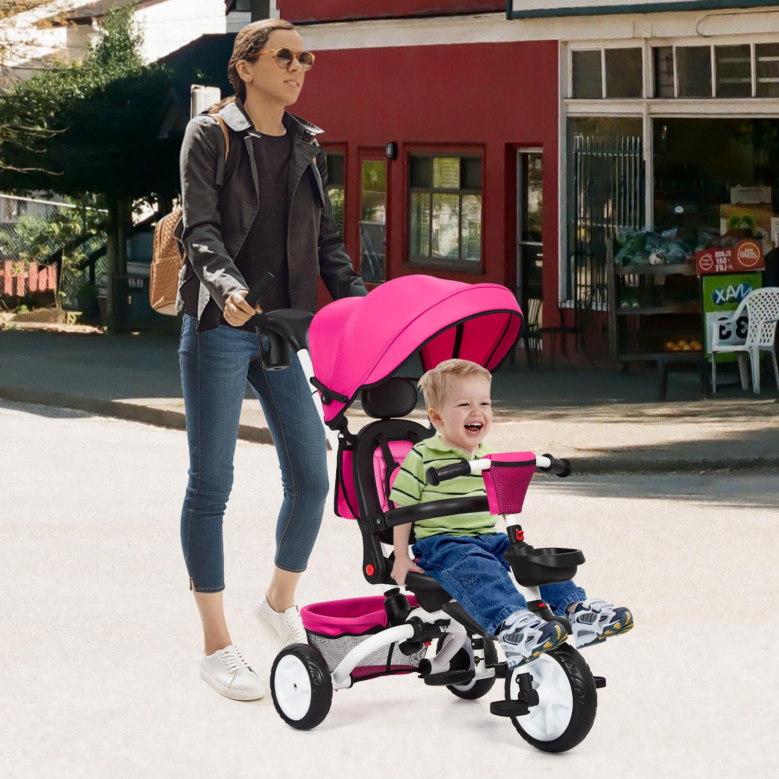 Garvee Baby Tricycle, 7 in 1 Folding Toddler Bike w/Removable Adjustable Push Handle, Canopy, Rotatable Seat, Safety Harness, Cup Holder & Storage, Trike for 1-5 Year Old, Tricycle for Toddlers - Rose Red