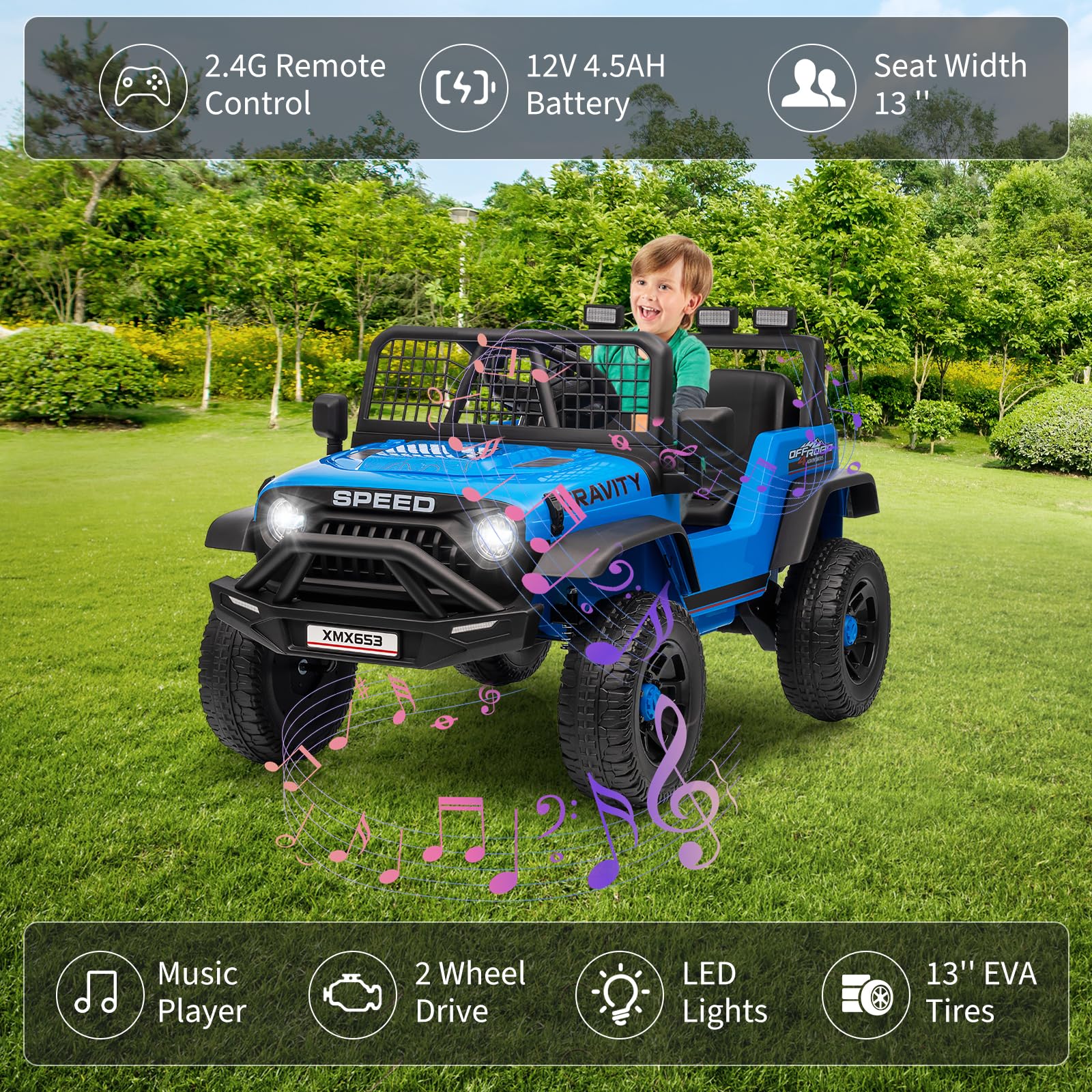 Garvee 12V Kids Ride On Truck Car with Parent Remote Control, 3 Speeds, Emergency Braking, LED Lights, Music & Horn, Blue, Outdoor Adventure Toy