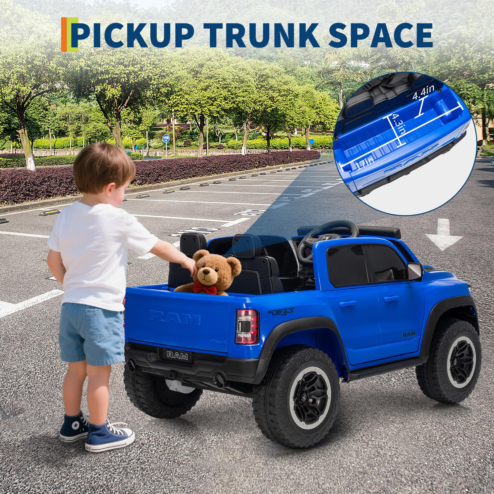Garvee 12V Electric Ride On Truck for Kids Licensed RAM Pickup Truck Dual Motor Remote Control LED Lights Music Storage