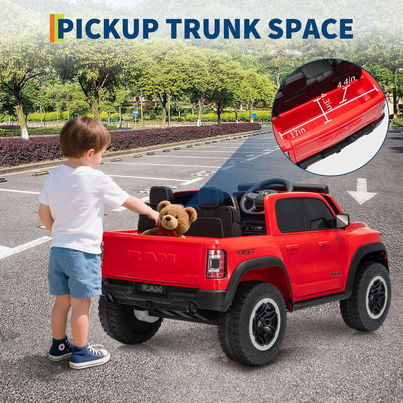 Garvee 12V Electric Ride On Truck for Kids Licensed RAM Pickup Truck Dual Motor Remote Control LED Lights Music Storage