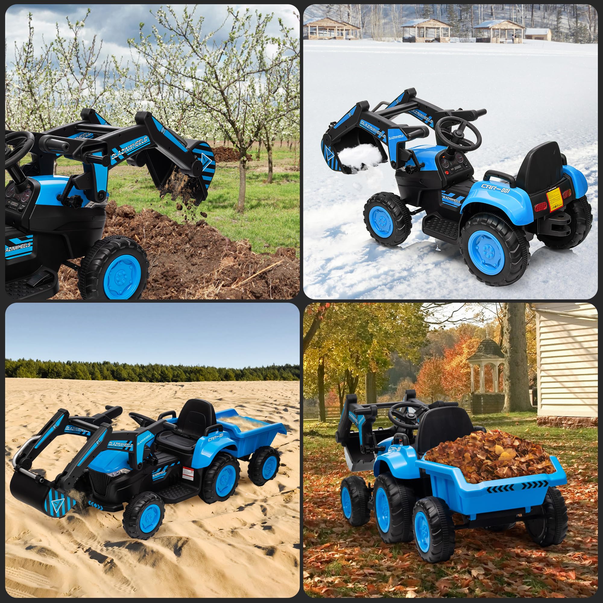 Garvee Ride - P Series: 12V 3 in 1 Ride on Excavator & Tractor with Detachable Trailer, Ride on Car Toy with Remote Control, Digger, LED Lights, Music, Kids Electric Vehicles for Boys Girls, Blue