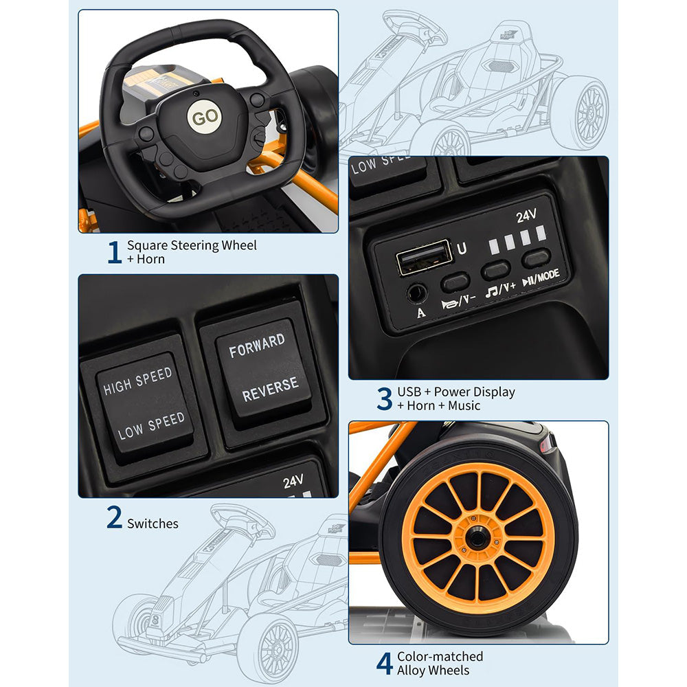 Garvee 24V 9Ah Kids Ride On Go Kart Toy,High Speed 8.1MPH Drifting Car with 2x300W Motors,14.3" XL Seat,Full Metal Frame,Music,Power Display,Max Load 155Lbs Racing for Kids 8-12 Years - Orange
