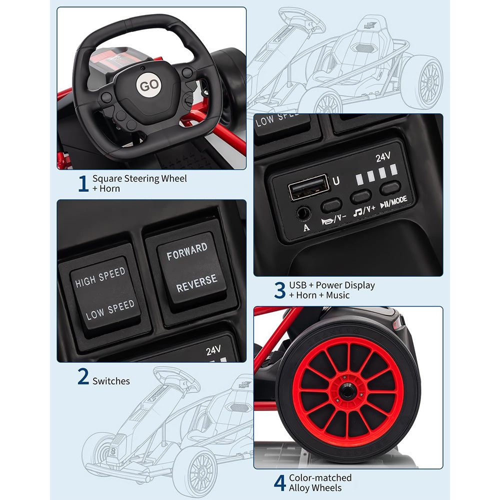 Garvee 24V 9Ah Kids Ride On Go Kart Toy,High Speed 8.1MPH Drifting Car with 2x300W Motors,14.3" XL Seat,Full Metal Frame,Music,Power Display,Max Load 155Lbs Racing for Kids 8-12 Years - Red
