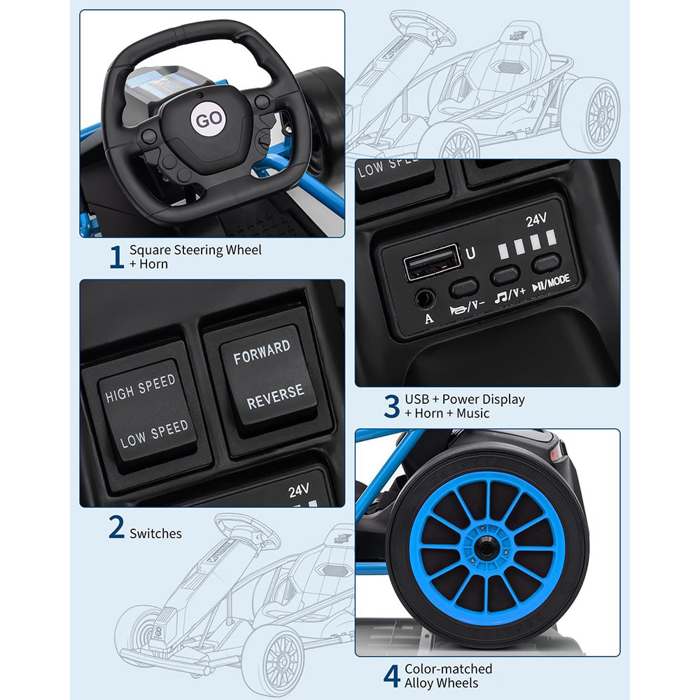 Garvee 24V 9Ah Kids Ride On Go Kart Toy,High Speed 8.1MPH Drifting Car with 2x300W Motors,14.3" XL Seat,Full Metal Frame,Music,Power Display,Max Load 155Lbs Racing for Kids 8-12 Years - Blue