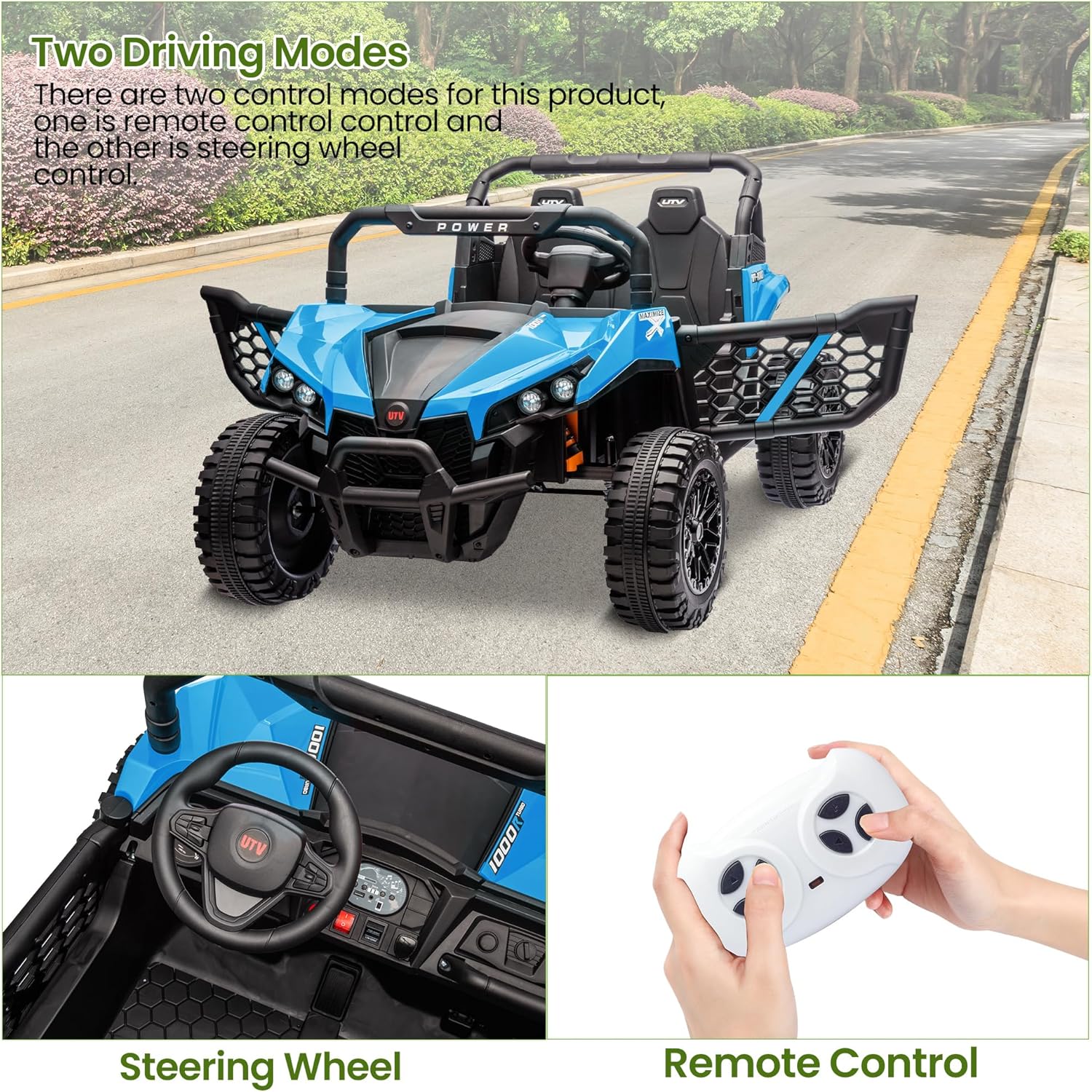 Garvee 24V Ride On Car Electric Off-Road UTV Truck with Remote Control, Lockable Doors, Safety Belt, PP+Metal, LED Lights, Music Player, Blue, Kids Outdoor Fun - Blue
