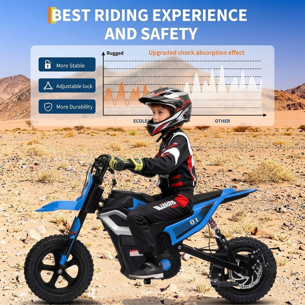 Garvee 24V Electric Dirt Bike for Kids 350W Motor, Rear Suspension, Leather Seat, Bluetooth Music, 12" Tires, Ages 10+, Outdoor Riding