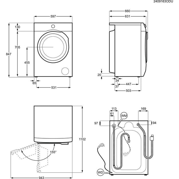 AEG LWR8516L6UD 11kg+7kg 8000 Series Power Care Freestanding 1600rpm Washer Dryer