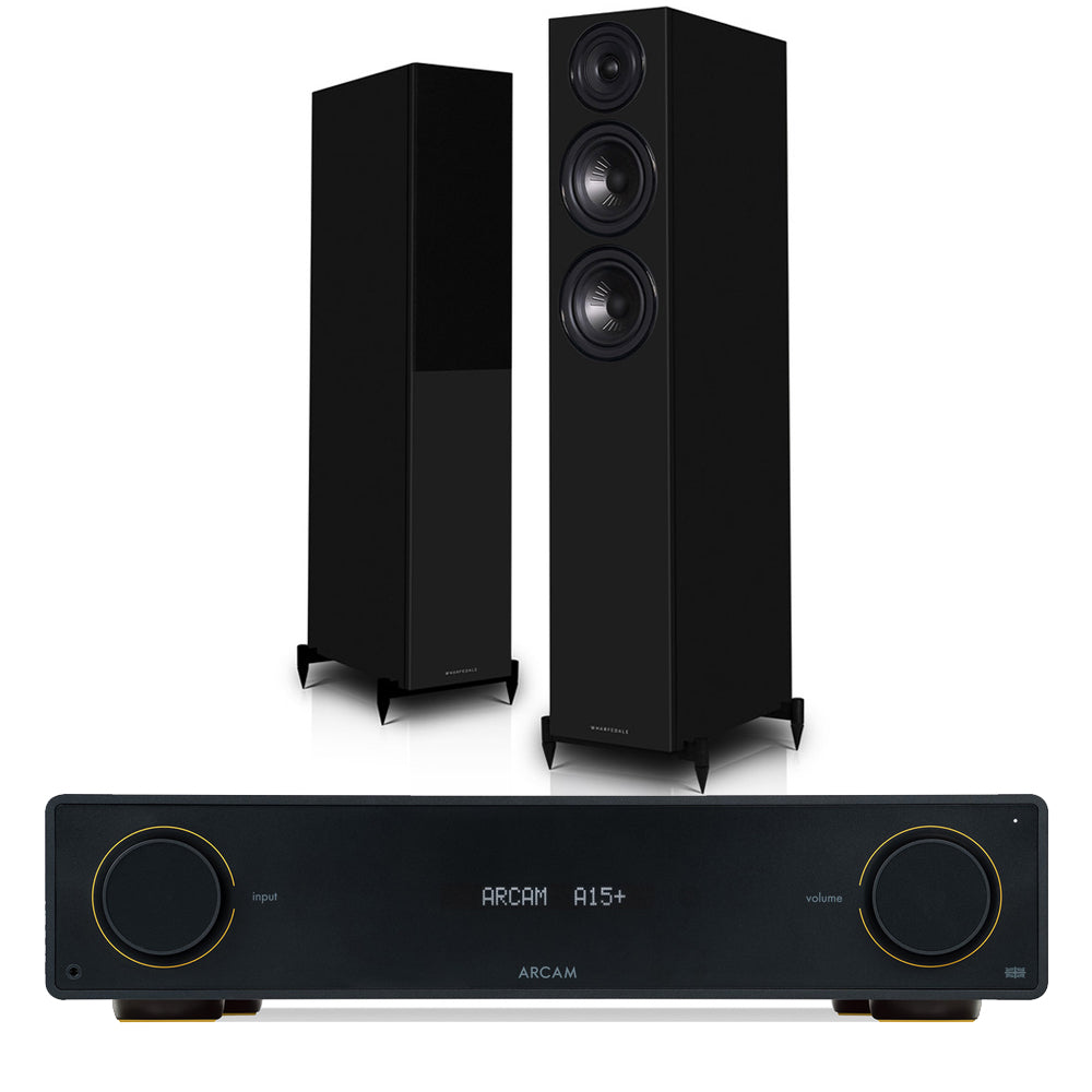 Arcam A15+ Integrated Amplifier with Wharfedale Diamond 12.4i Floorstanding Speakers – Black