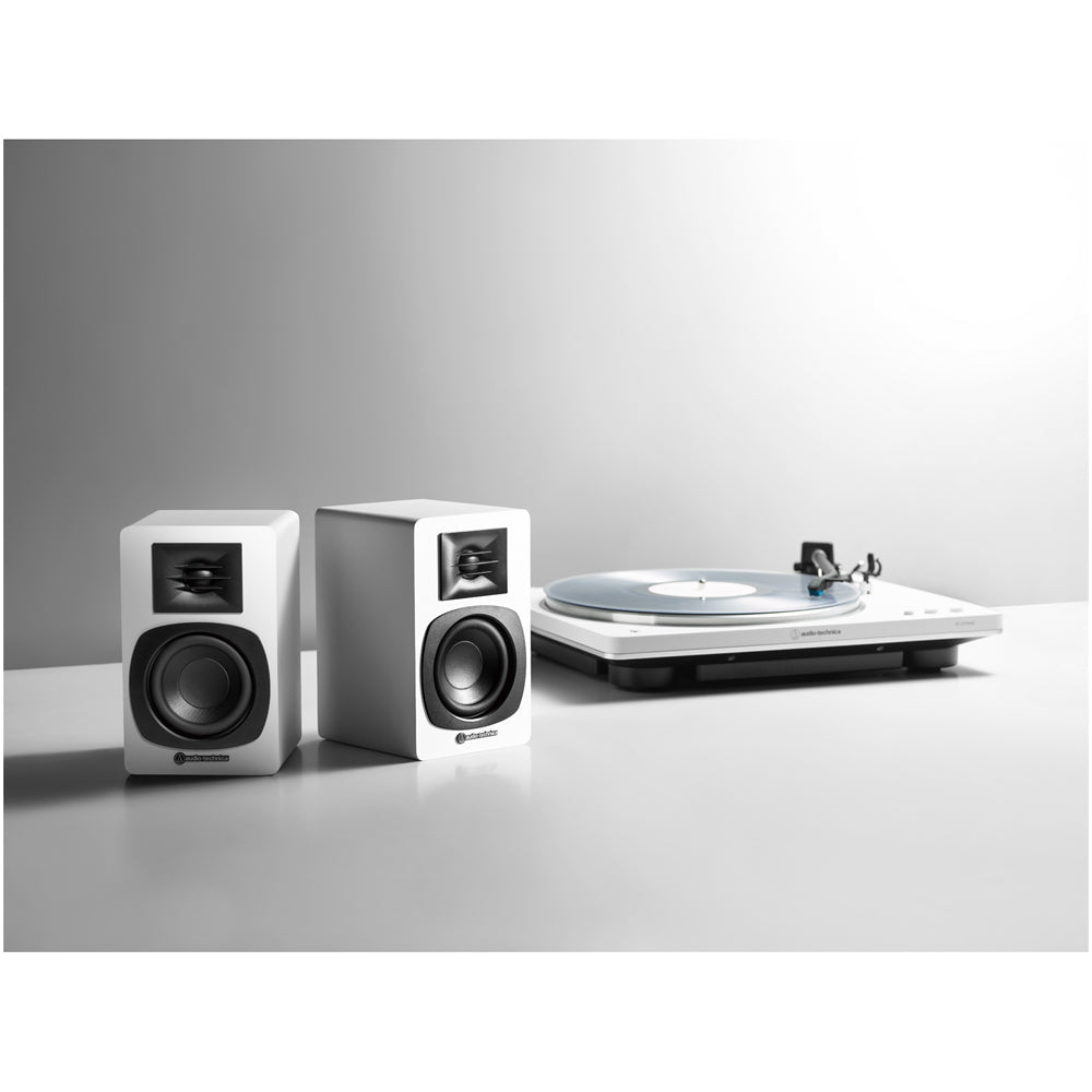 Audio Technica AT-SP3X Powered Bluetooth Bookshelf Speakers White with AT-ST3 Stands Pair