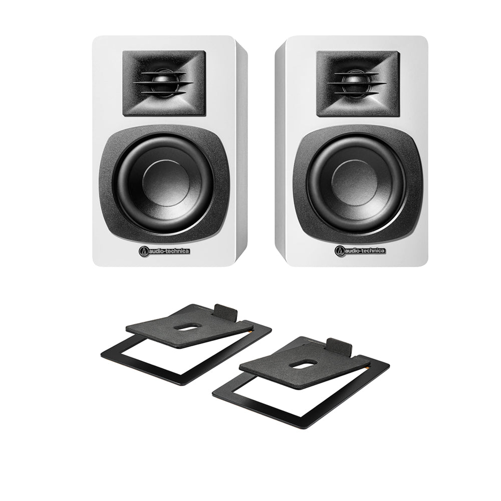 Audio Technica AT-SP3X Powered Bluetooth Bookshelf Speakers White with AT-ST3 Stands Pair