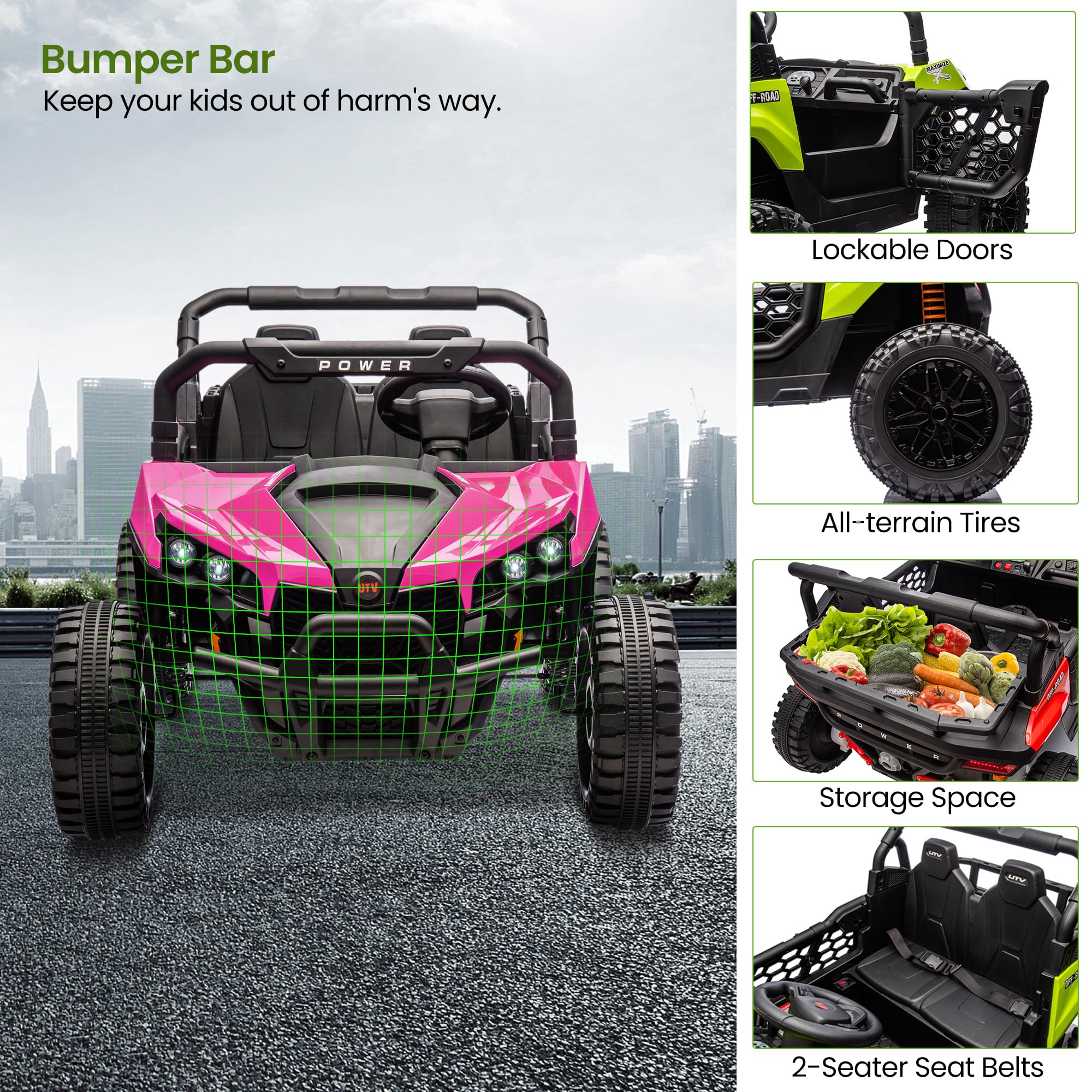 Garvee 24V Ride On Car Electric Off-Road UTV Truck with Remote Control, Lockable Doors, Safety Belt, PP+Metal, LED Lights, Music Player, Blue, Kids Outdoor Fun - Rose