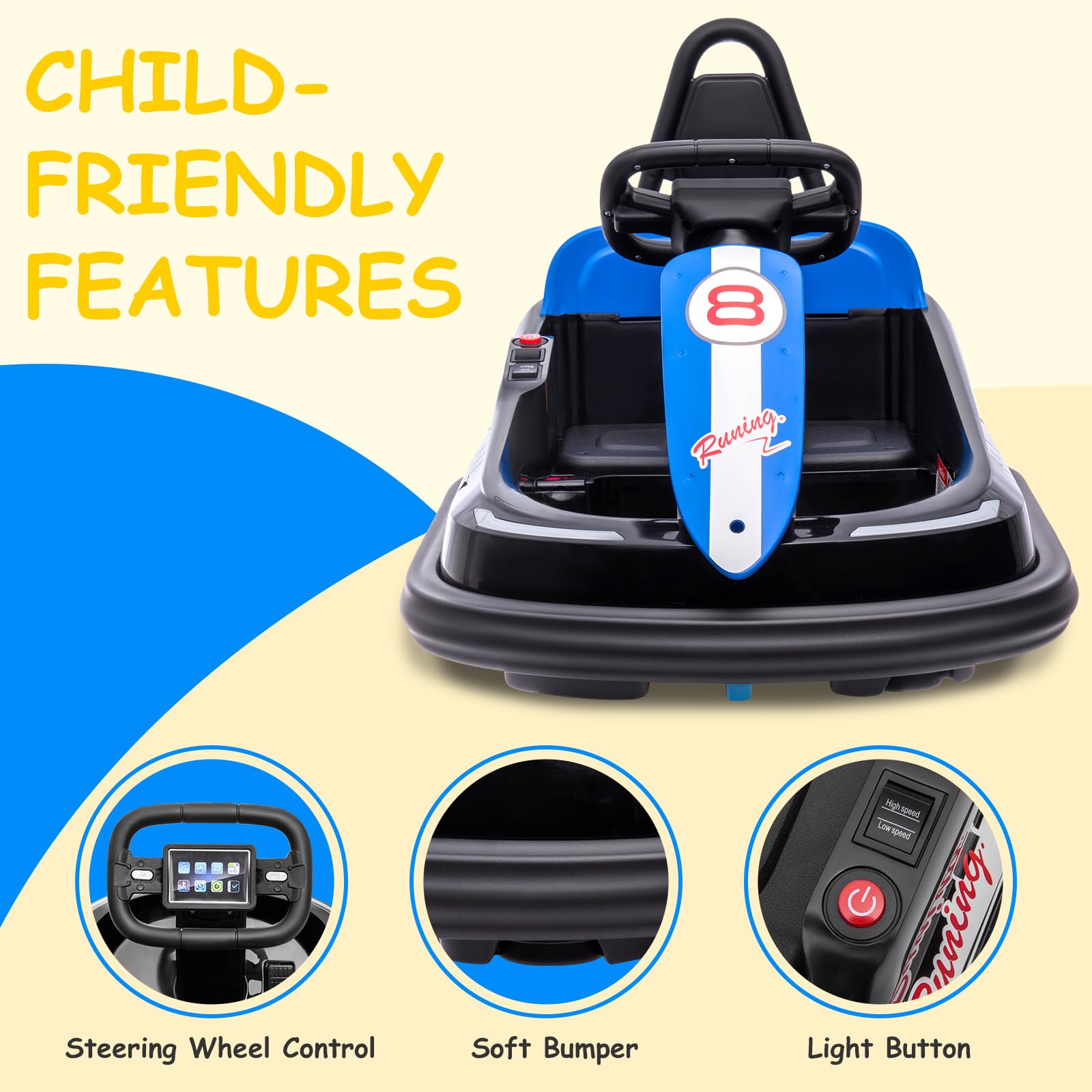 Garvee Ride - B Series: 6V Electric Ride-On with 360° Spin, 2 Speeds, Lights, Music, Horn, PP+Metal, Safety Belts, Anti-Collision Strip, Black for Kids 3-6