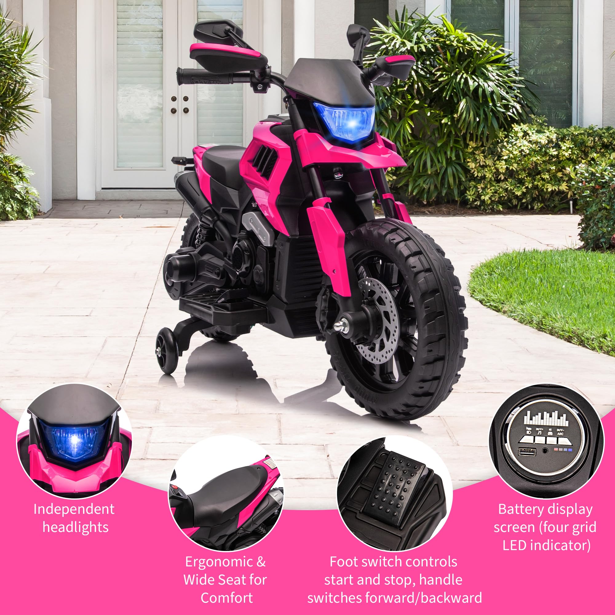 Garvee 6V Kids Electric Motorcycle with Training Wheels, Adjustable Speed 2-5 MPH, Durable Battery-Powered Ride-On Bike, Headlight & Music, Safe for Toddlers Outdoor Play