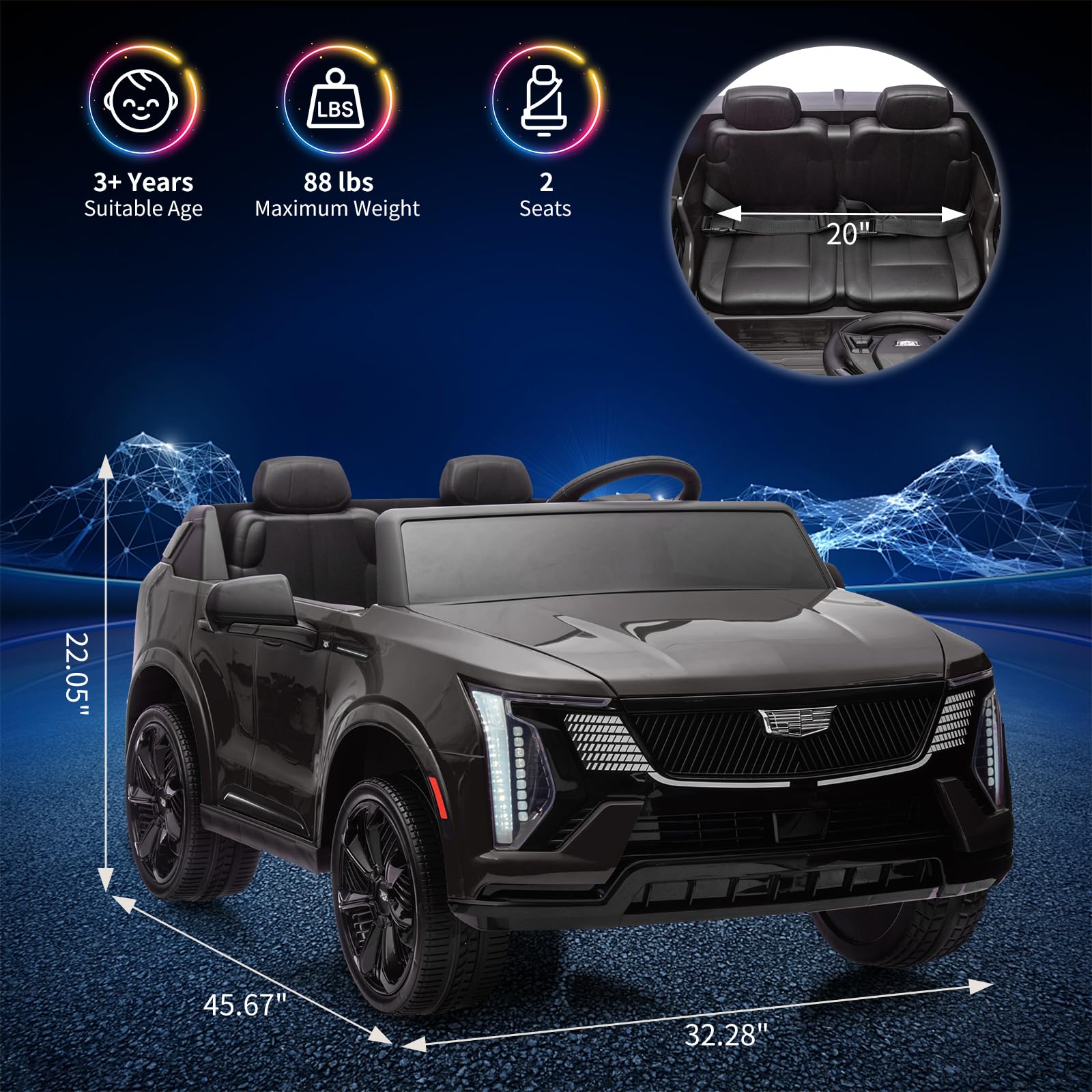 Garvee 24V 2-Seater Kids Ride On Car Licensed Cadillac Electric Toy with Remote Control, Spring Suspension, Music, LED Lights, Battery Powered for Toddlers