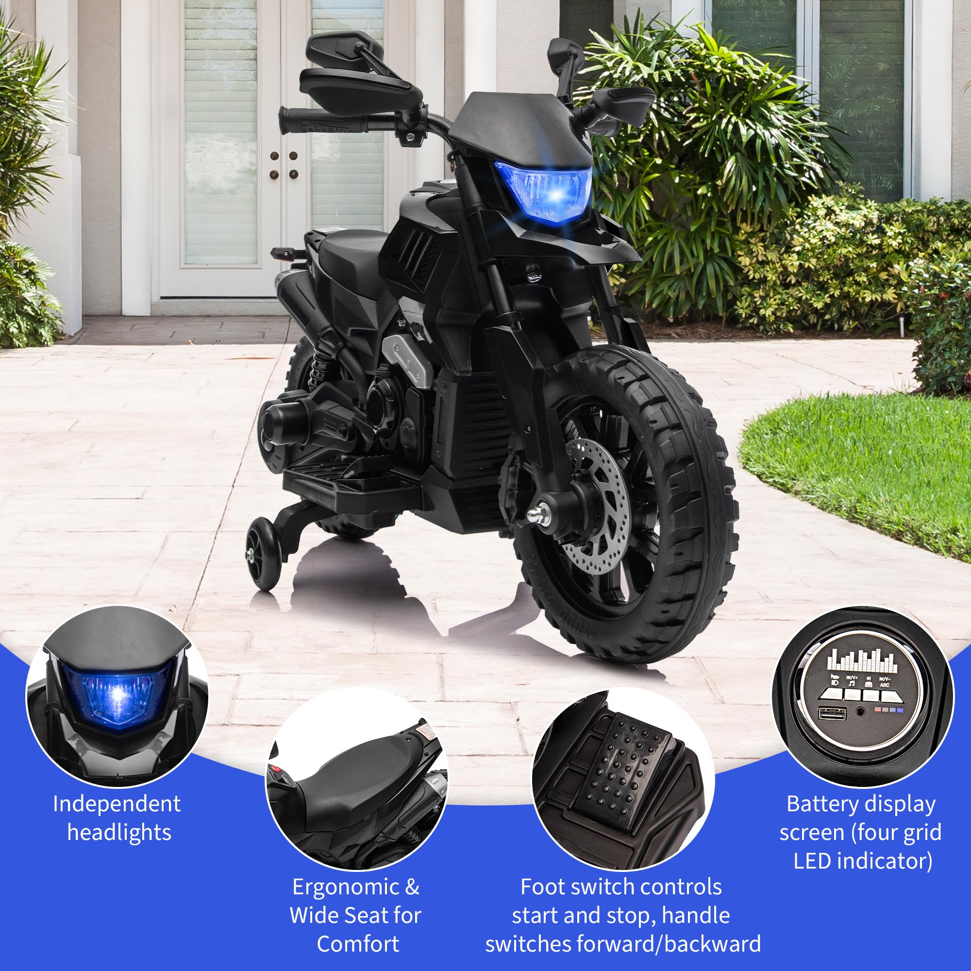 Garvee 6V Kids Electric Motorcycle with Training Wheels, Adjustable Speed 2-5 MPH, Durable Battery-Powered Ride-On Bike, Headlight & Music, Safe for Toddlers Outdoor Play