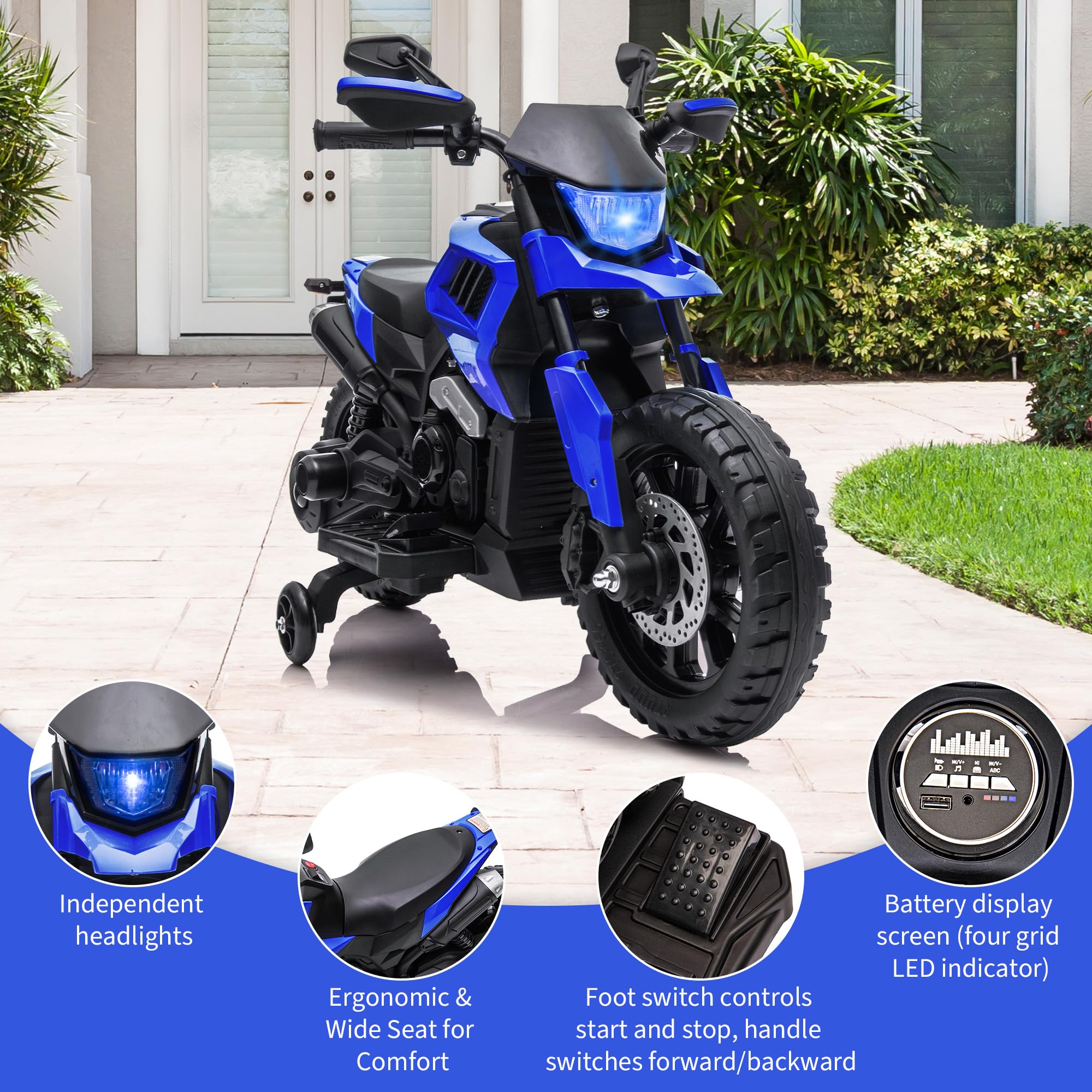 Garvee 6V Kids Electric Motorcycle with Training Wheels, Adjustable Speed 2-5 MPH, Durable Battery-Powered Ride-On Bike, Headlight & Music, Safe for Toddlers Outdoor Play
